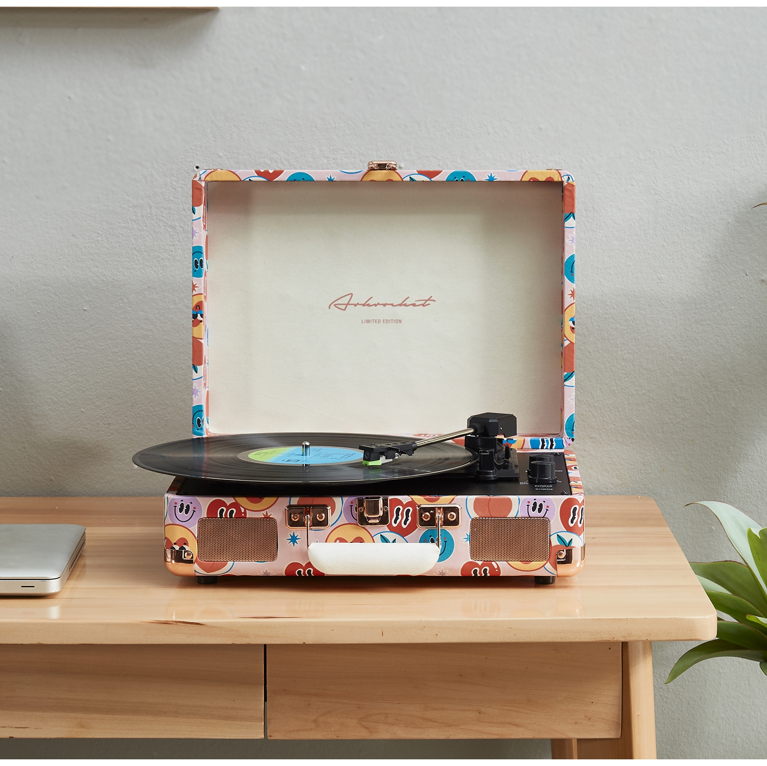 Arkrocket Curiosity Bluetooth Turntable Retro Suitcase 3-Speed Record Player with Built-in Speakers-Smiley Limited Edition