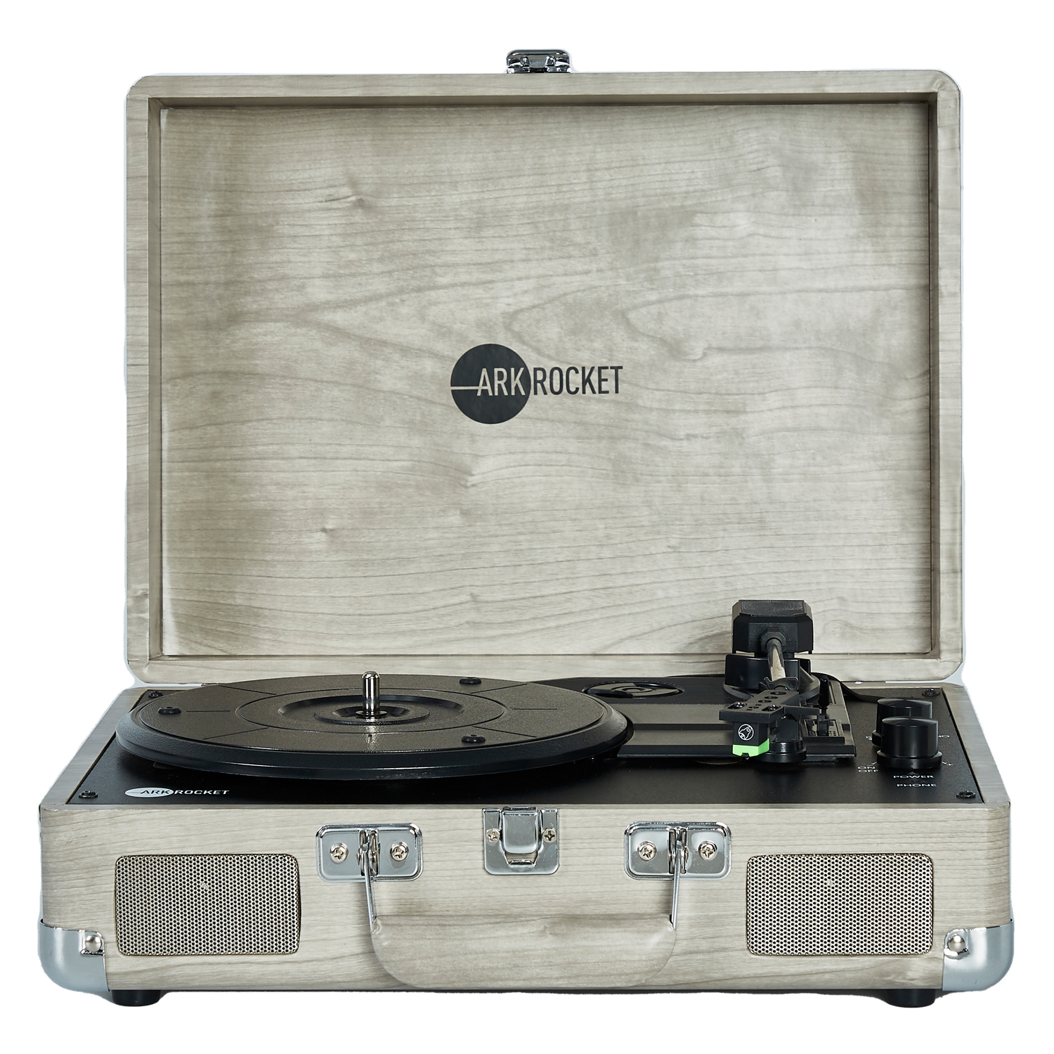 Arkrocket Curiosity Bluetooth Turntable Retro Suitcase 3-Speed Record Player with Built-in Speakers-Gray woodgrain