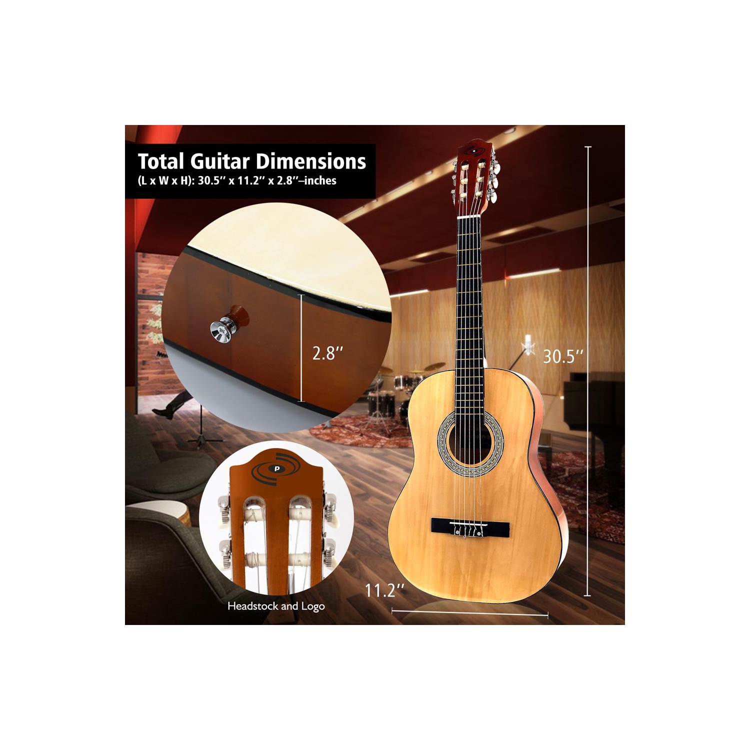 6-String Classic Guitar - 3/4 Size Scale Guitar with Digital Tuner & Accessory Kit