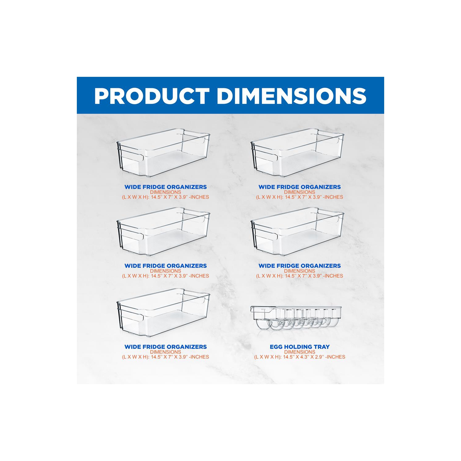 Set Of 6 Refrigerator Organizer Bins - 5 Wide Fridge Organizers and 1 Egg Holding Tray for Freezer, Kitchen, Countertops, Cabinets
