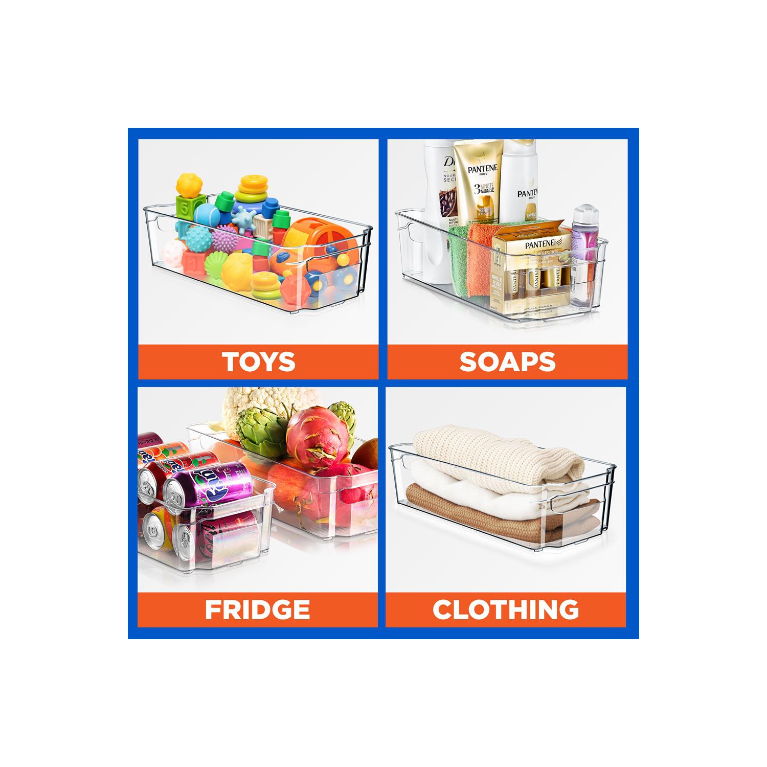 Set Of 6 Refrigerator Organizer Bins - 5 Wide Fridge Organizers and 1 Egg Holding Tray for Freezer, Kitchen, Countertops, Cabinets