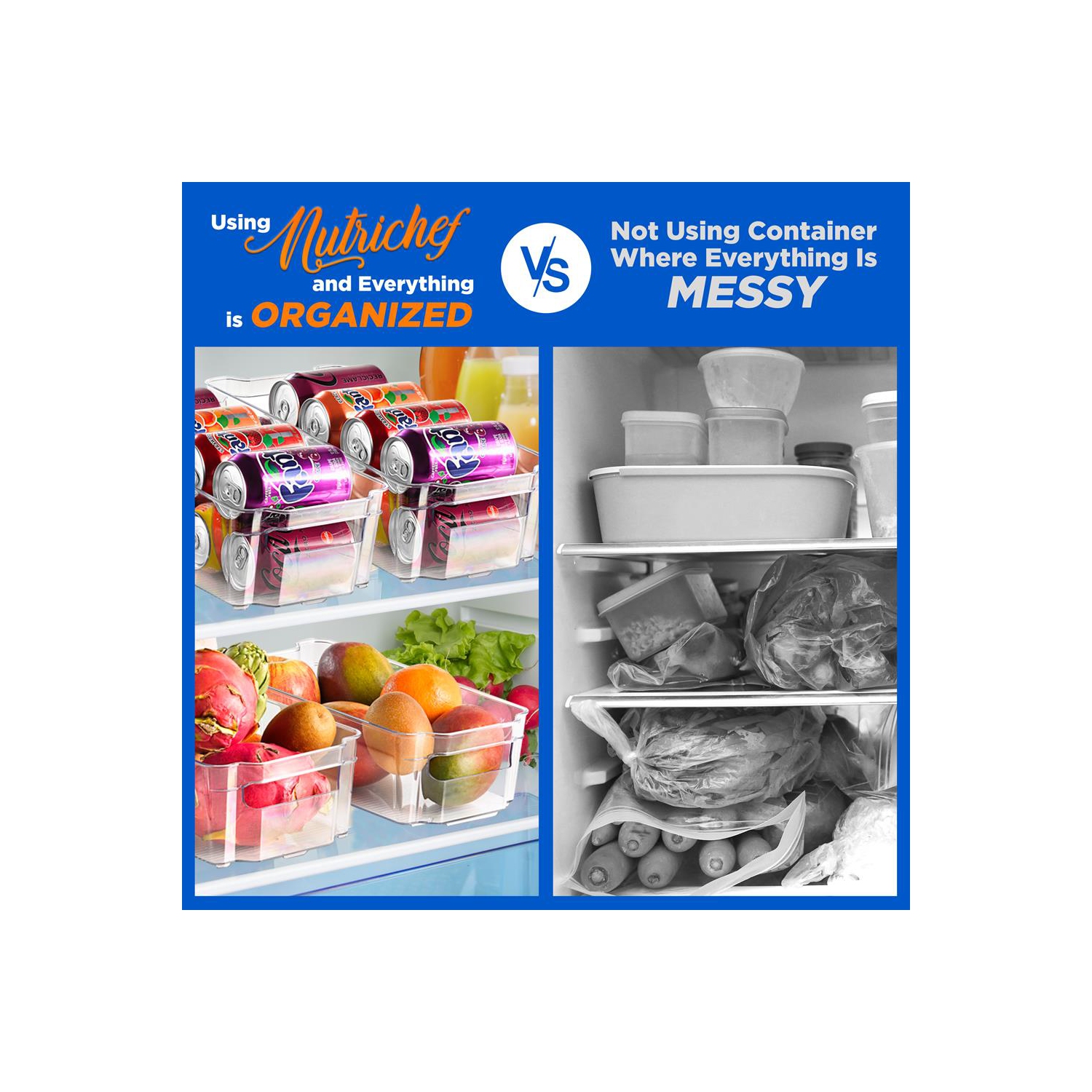 Set Of 6 Refrigerator Organizer Bins - 5 Wide Fridge Organizers and 1 Egg Holding Tray for Freezer, Kitchen, Countertops, Cabinets