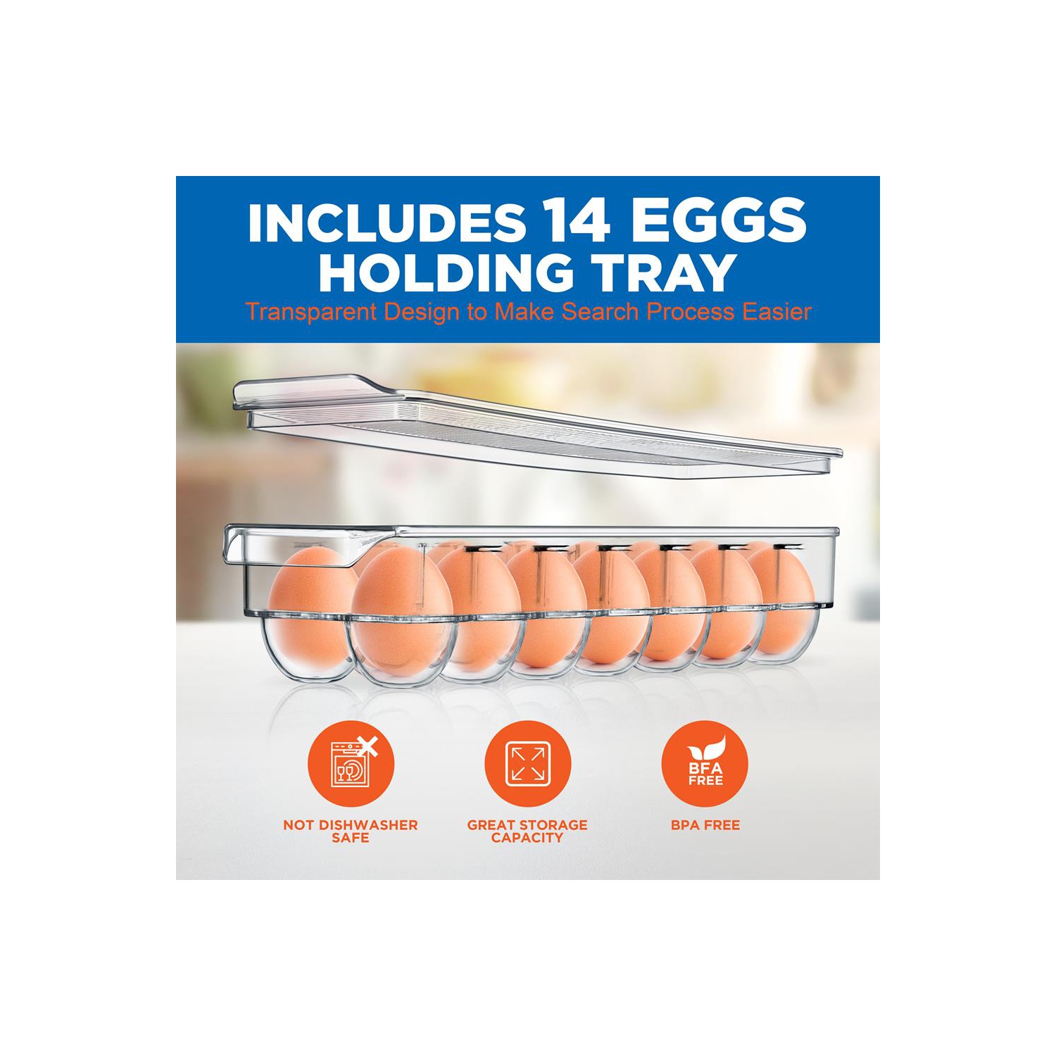 Set Of 6 Refrigerator Organizer Bins - 5 Wide Fridge Organizers and 1 Egg Holding Tray for Freezer, Kitchen, Countertops, Cabinets