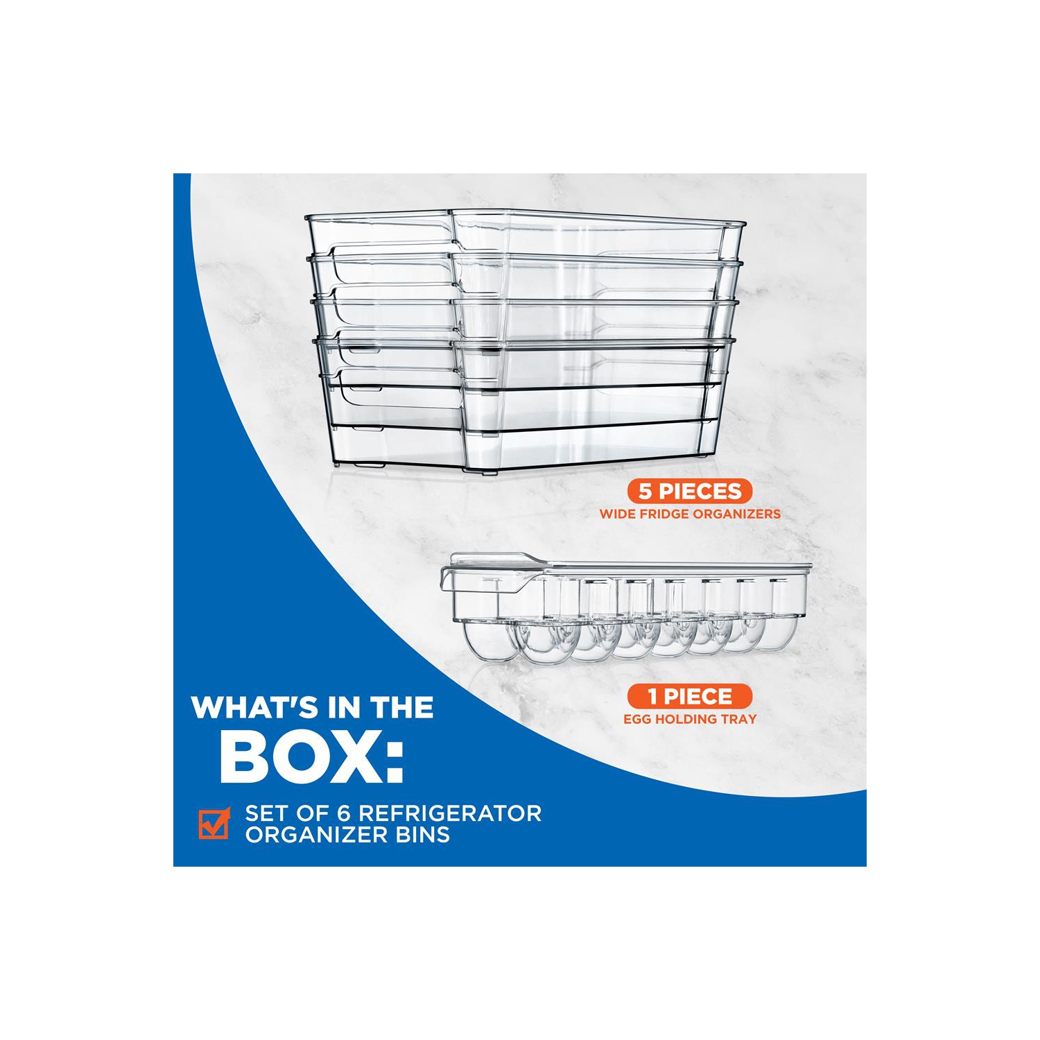 Set Of 6 Refrigerator Organizer Bins - 5 Wide Fridge Organizers and 1 Egg Holding Tray for Freezer, Kitchen, Countertops, Cabinets