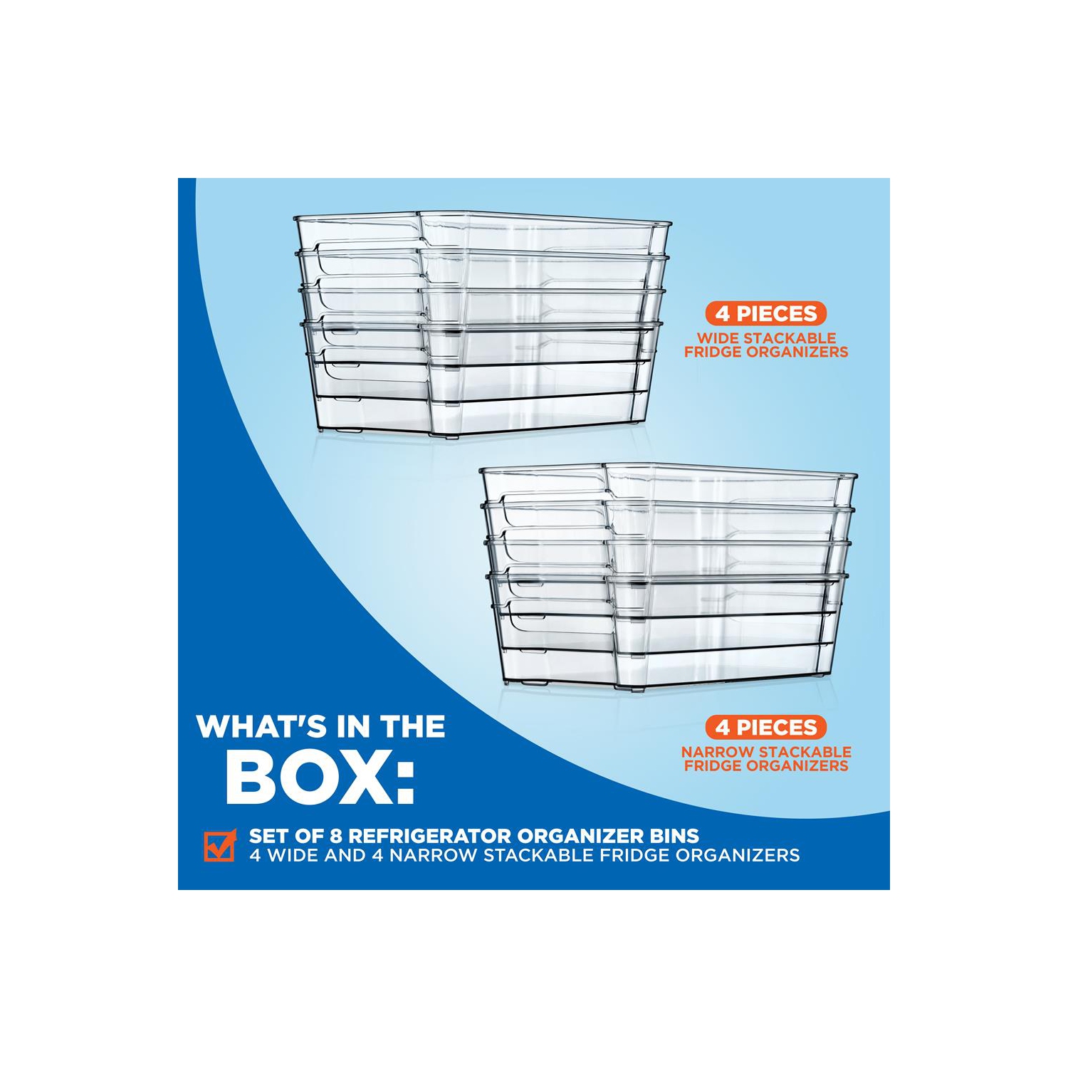 Set Of 8 Refrigerator Organizer Bins - 4 Wide and 4 Narrow Stackable Fridge Organizers for Freezer, Kitchen, Countertops, Cabinets
