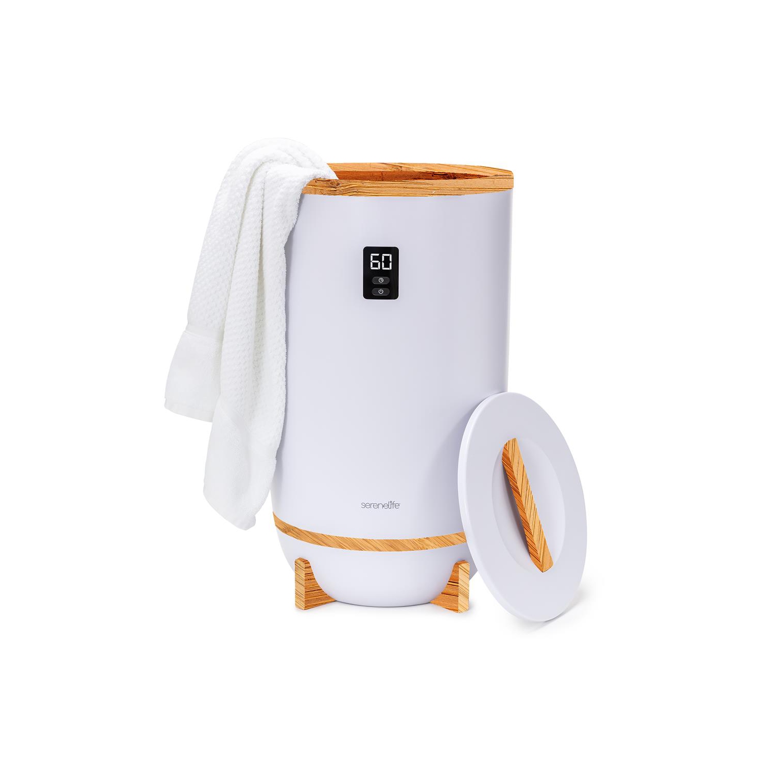 Chauffe-couverture SereneLife avec porte-disque parfumé et anneau LED, convient à deux grandes serviettes de bain, arrêt automatique, bambou, fini