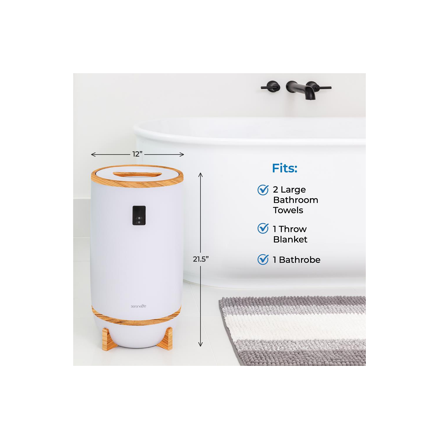 Chauffe-couverture SereneLife avec porte-disque parfumé et anneau LED, convient à deux grandes serviettes de bain, arrêt automatique, bambou, fini