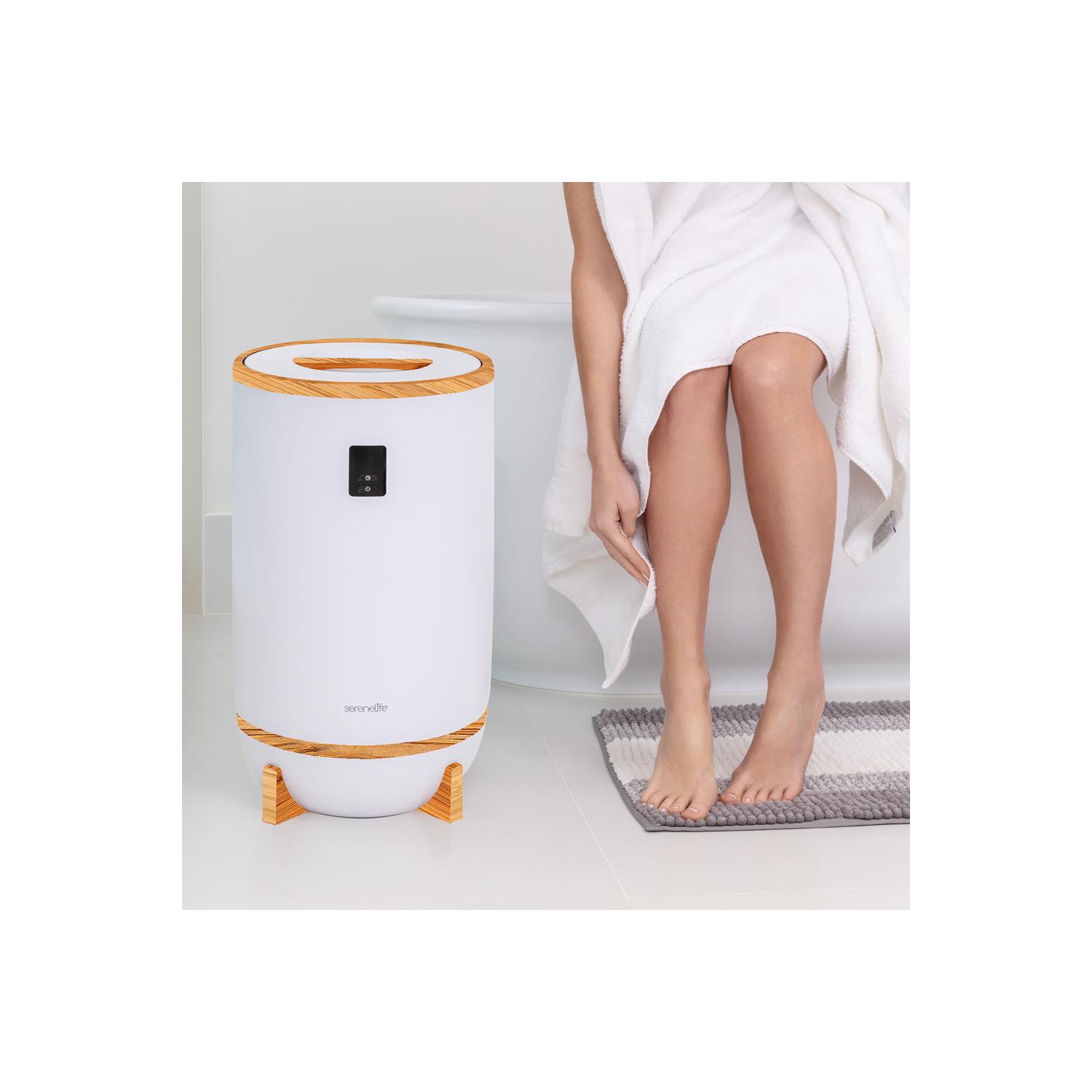 Chauffe-couverture SereneLife avec porte-disque parfumé et anneau LED, convient à deux grandes serviettes de bain, arrêt automatique, bambou, fini