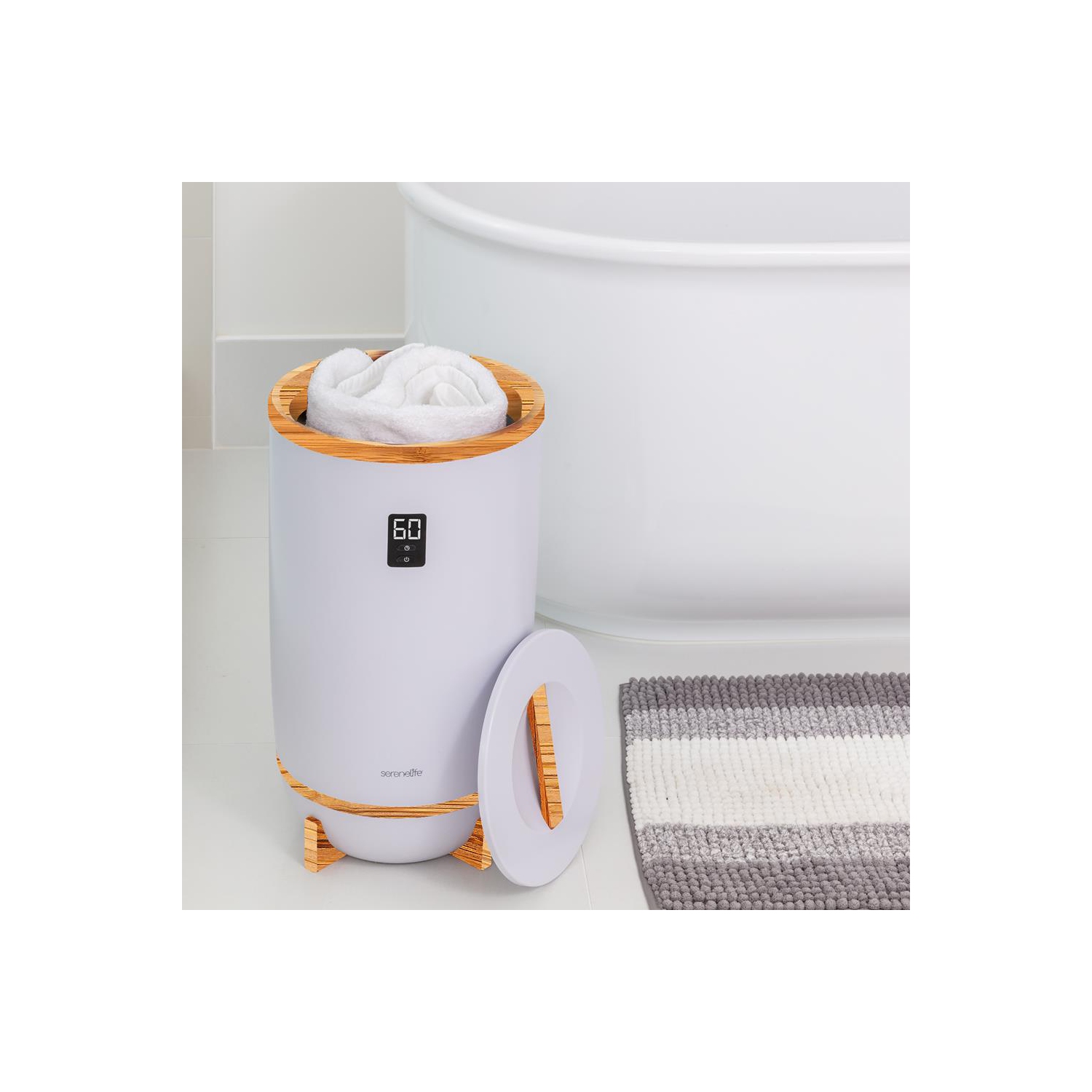 Chauffe-couverture SereneLife avec porte-disque parfumé et anneau LED, convient à deux grandes serviettes de bain, arrêt automatique, bambou, fini
