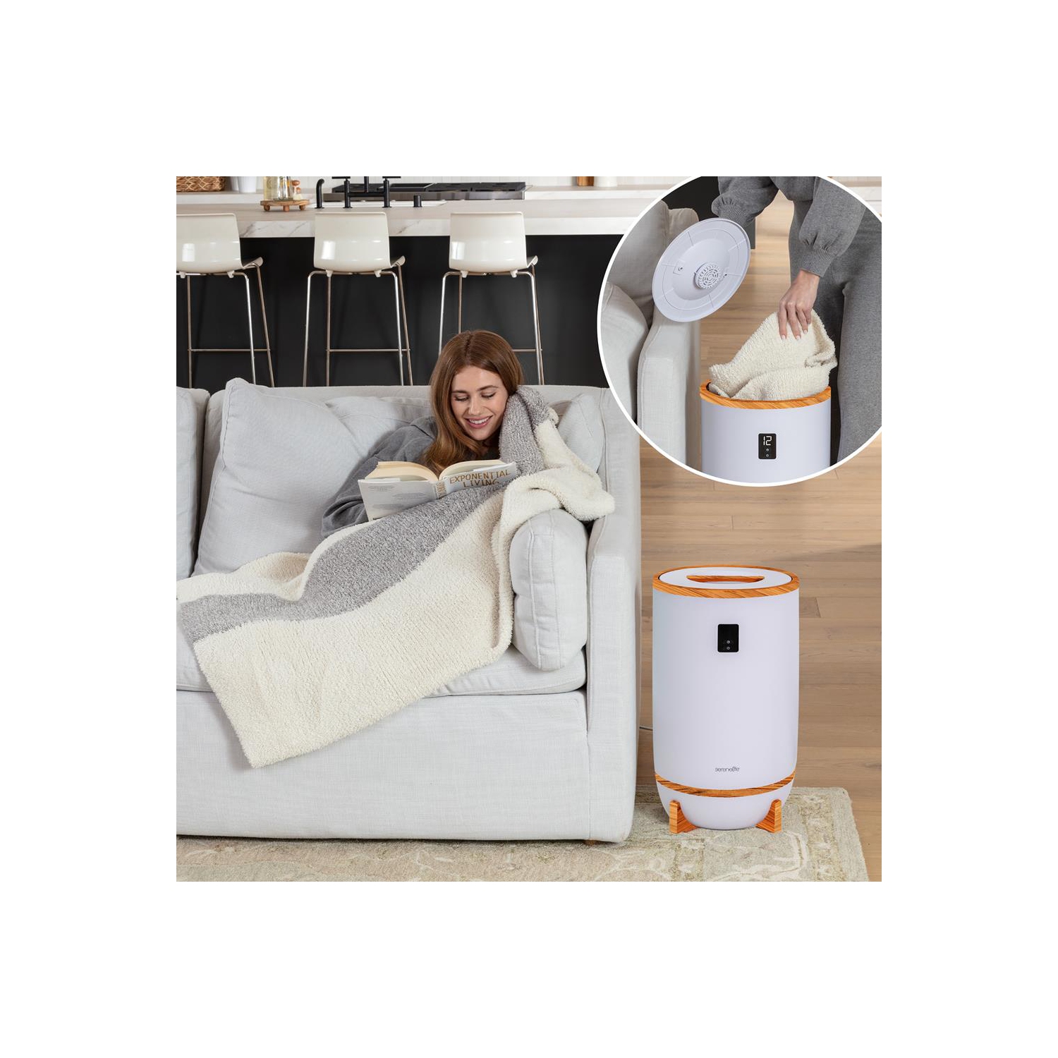 Chauffe-couverture SereneLife avec porte-disque parfumé et anneau LED, convient à deux grandes serviettes de bain, arrêt automatique, bambou, fini