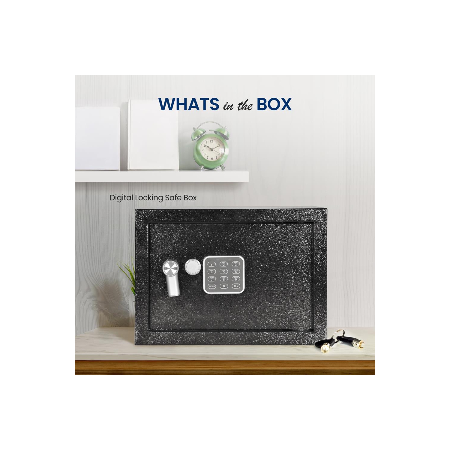 Compact Electronic Safe Box with Mechanical Override, Includes Keys