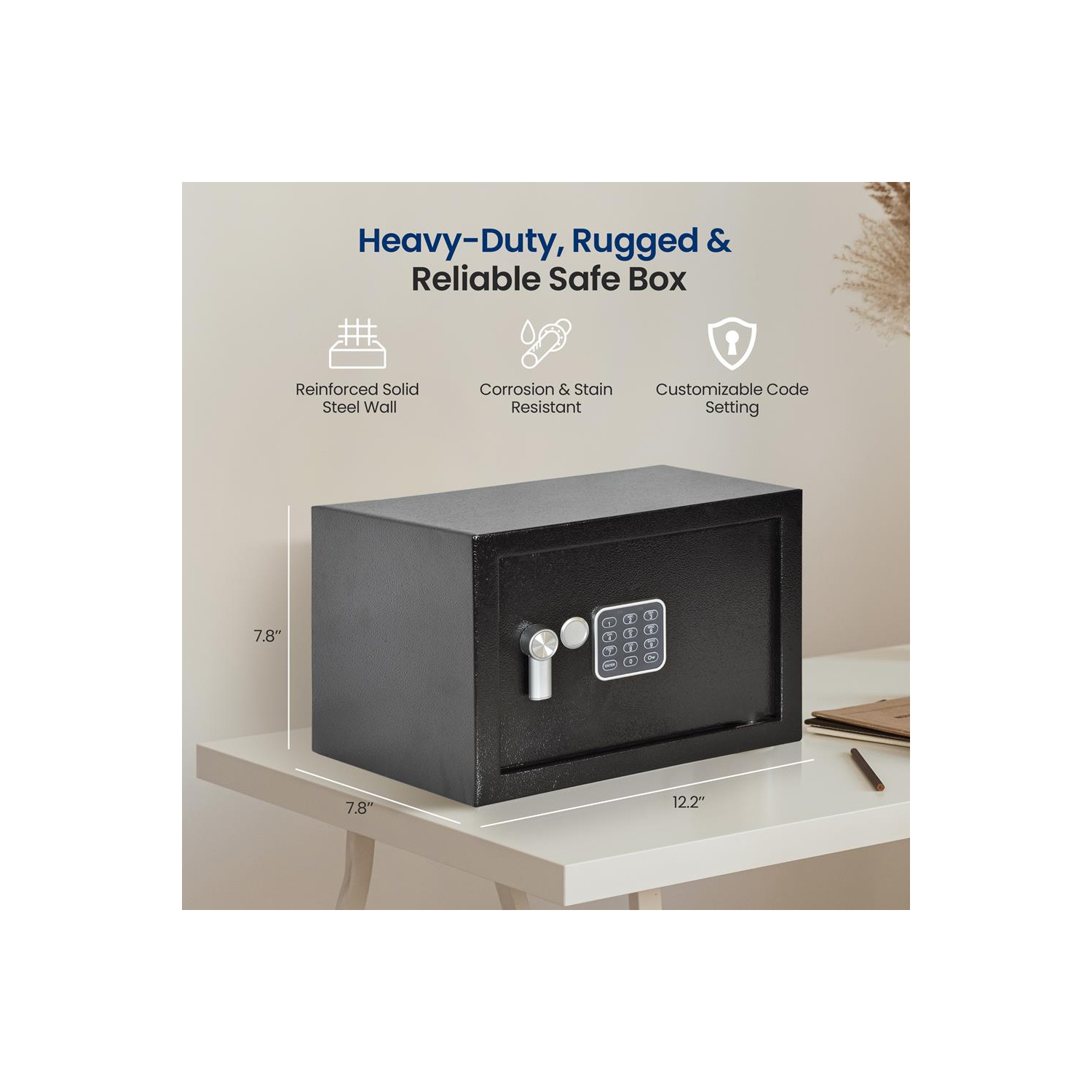 Compact Electronic Safe Box with Mechanical Override, Includes Keys