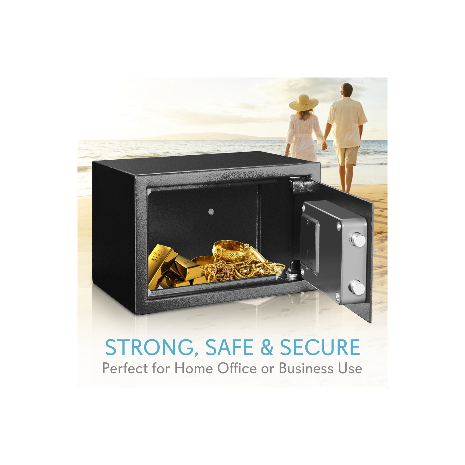 Compact Electronic Safe Box with Mechanical Override, Includes Keys