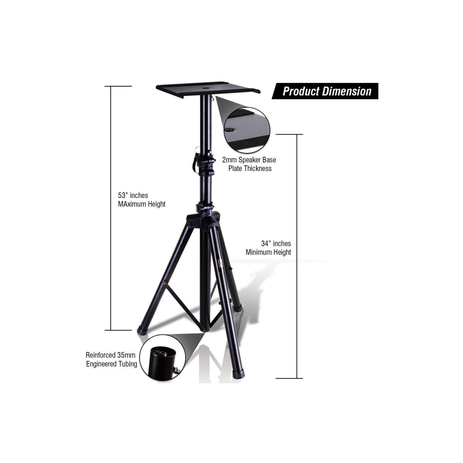 Pyle Dual Studio Monitor 2 Speaker Stand Mount Kit - Heavy Duty Tripod Pair and Height Adjustable from 34" to 53" W/Metal Platform Base - PSTND32,