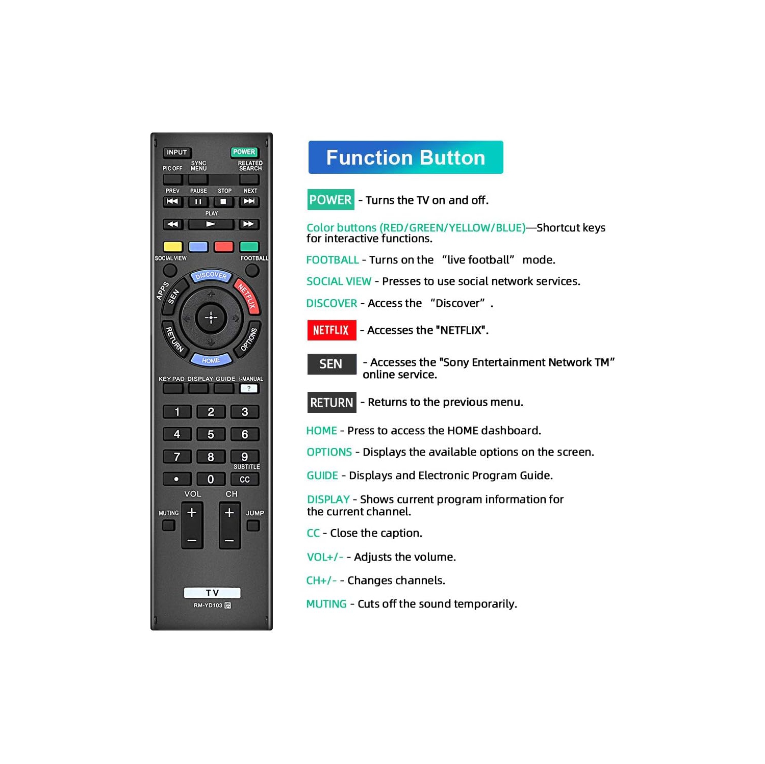 Universal TV Remote RM-YD103 Sub RM-YD102 Control for Sony Bravia HDTV LCD LED 3D Smart TV