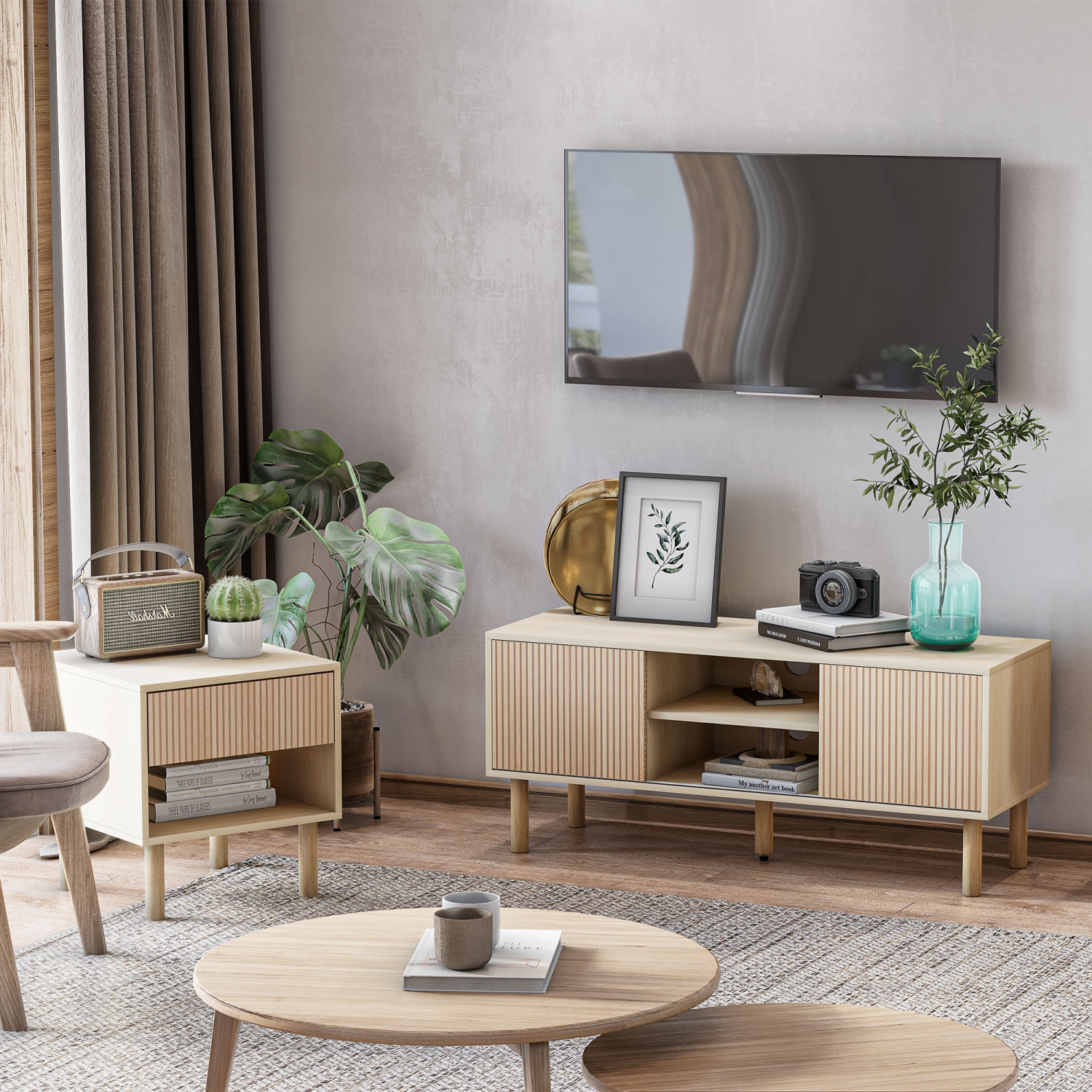 HOMCOM Modern Nightstand, Bedside Table with Drawer and Open Shelf, Side End Table for Bedroom, Natural Wood