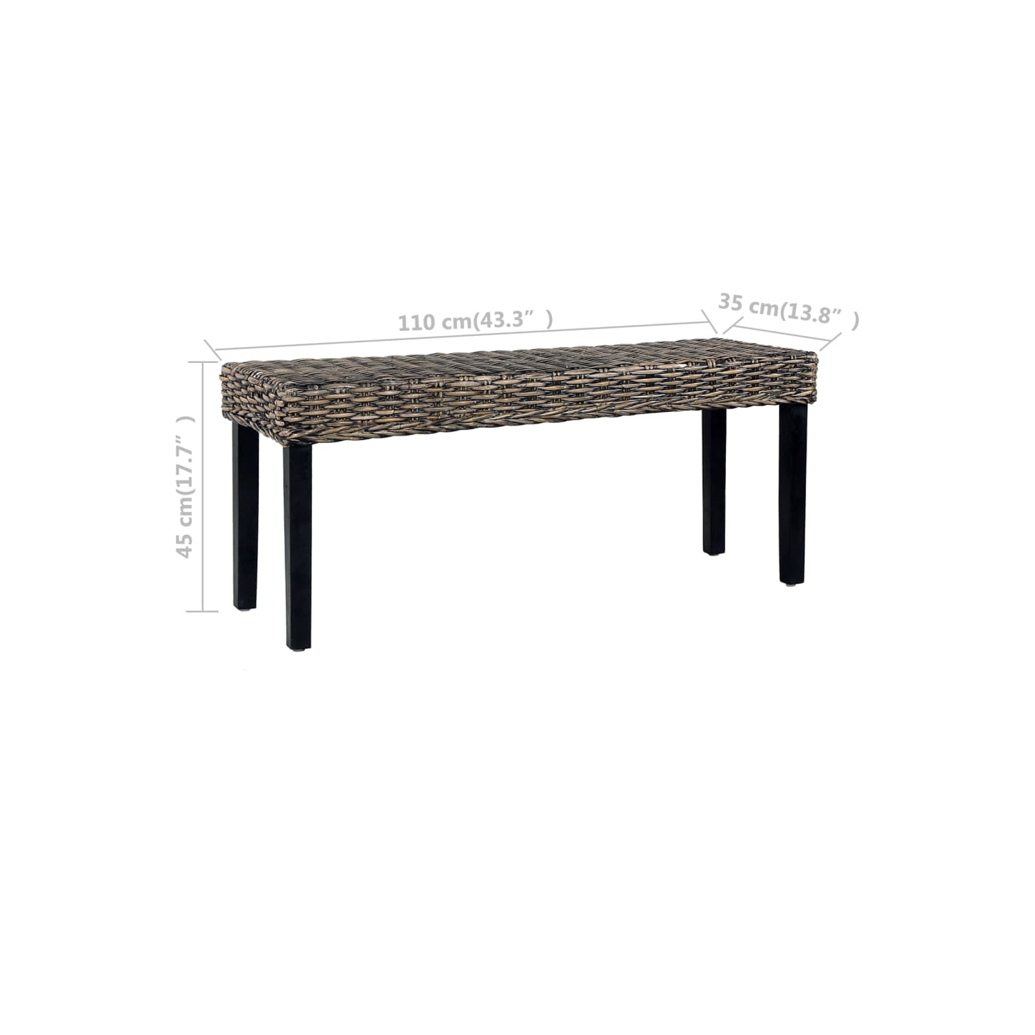 vidaXL Bench 110 cm Black Natural Kubu Rattan and Solid Mahogany Wood