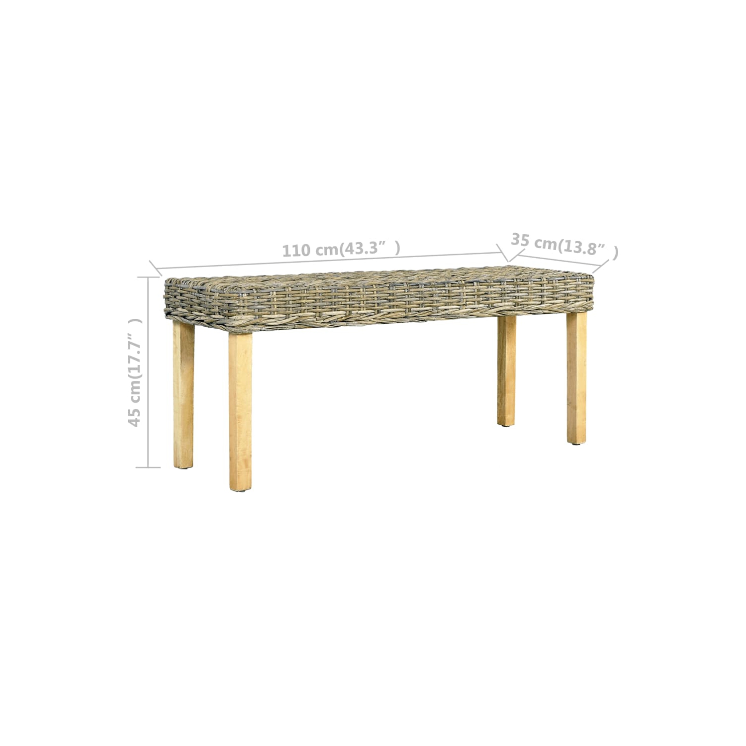 vidaXL Bench 110 cm Natural Kubu Rattan and Solid Mahogany Wood