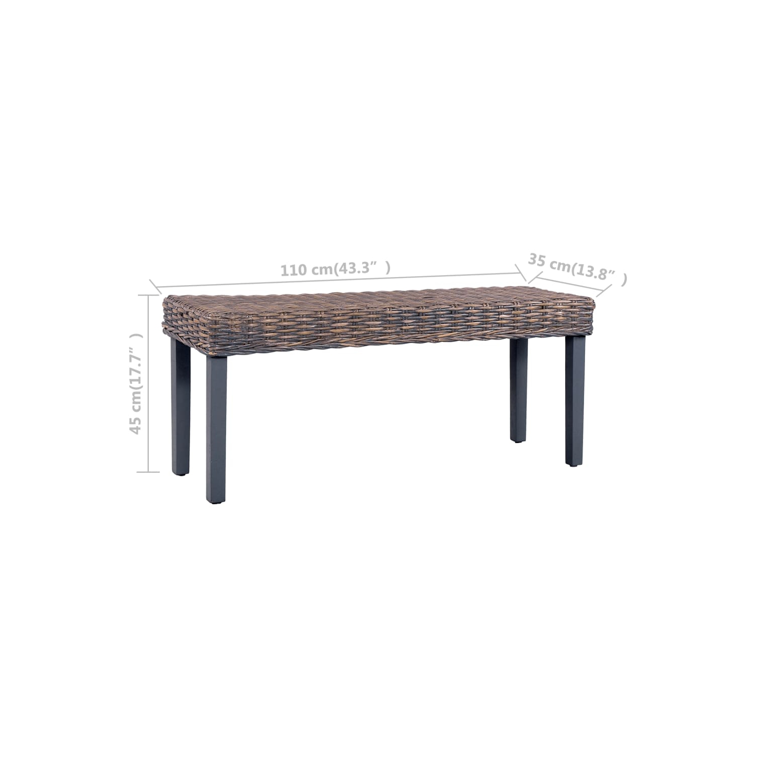 vidaXL Bench 110 cm Grey Natural Kubu Rattan and Solid Mahogany Wood