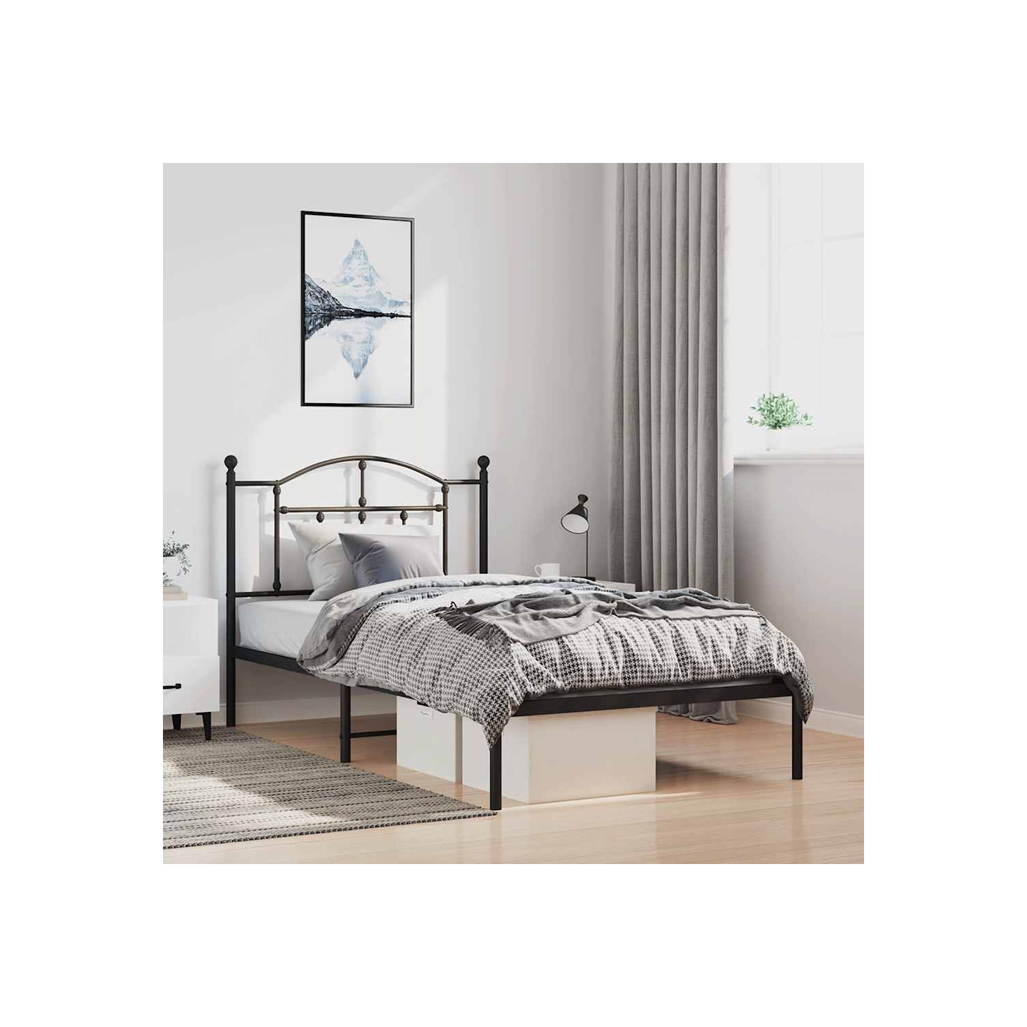 vidaXL Black Twin Metal Bed Frame with Headboard & Slats, No Mattress, Easy Assembly