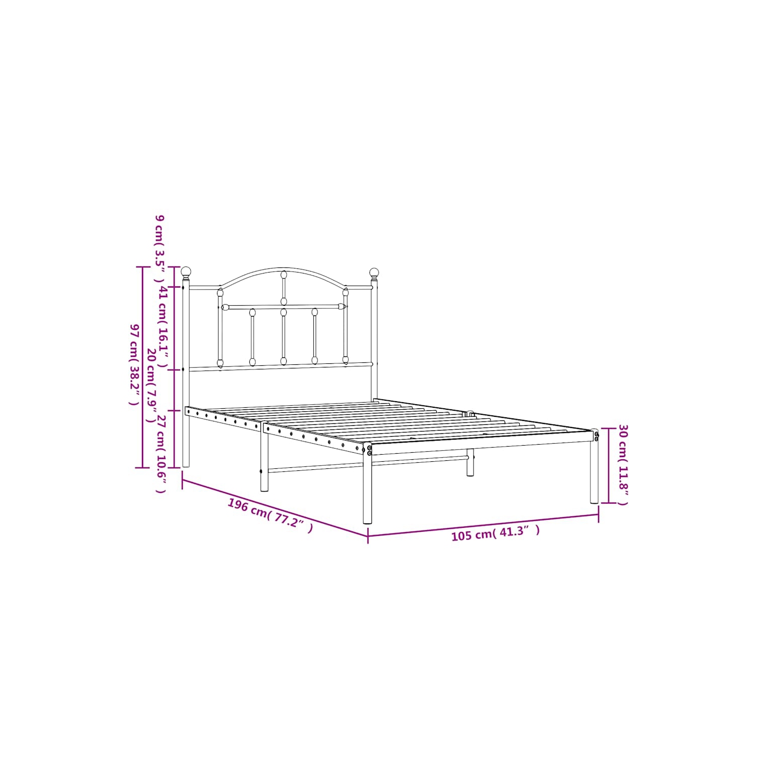 vidaXL Black Twin Metal Bed Frame with Headboard & Slats, No Mattress, Easy Assembly