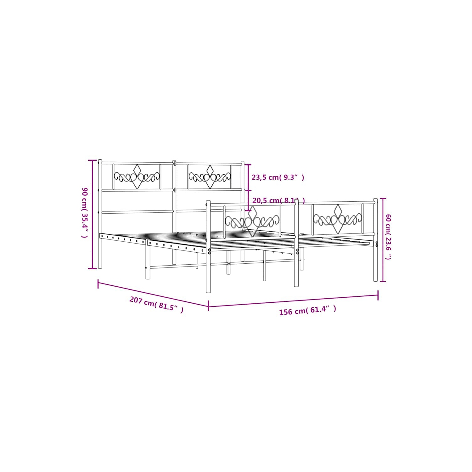 vidaXL 12" Black Queen Metal Bed Frame with Headboard & Footboard No Mattress
