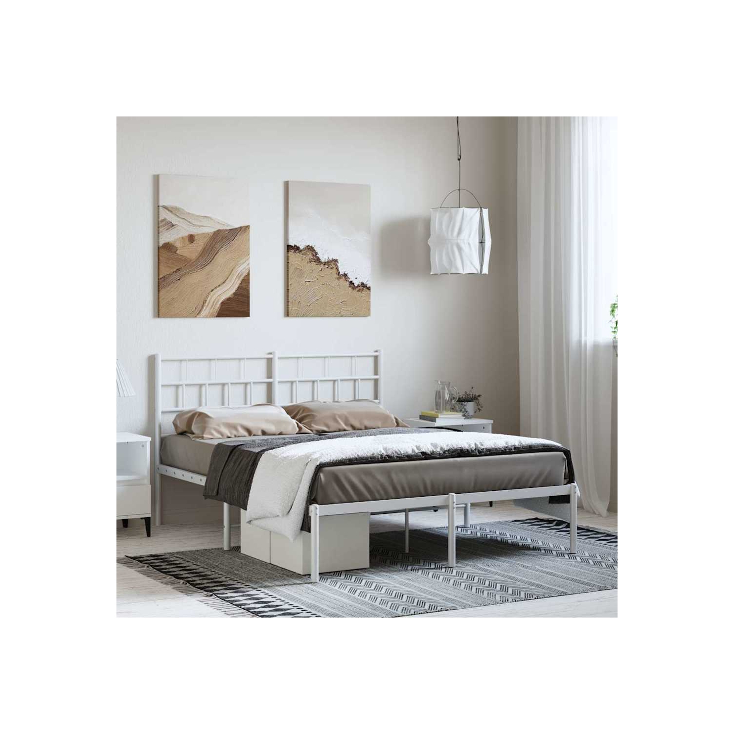 vidaXL White Metal Queen Bed Frame with Headboard, Heavy-Duty, Under-Bed Storage, No Mattress