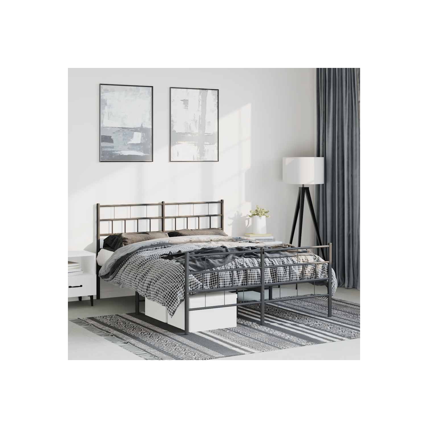 vidaXL Black Metal Queen Bed Frame with Headboard, Heavy-Duty, Under-Bed Storage, No Mattress