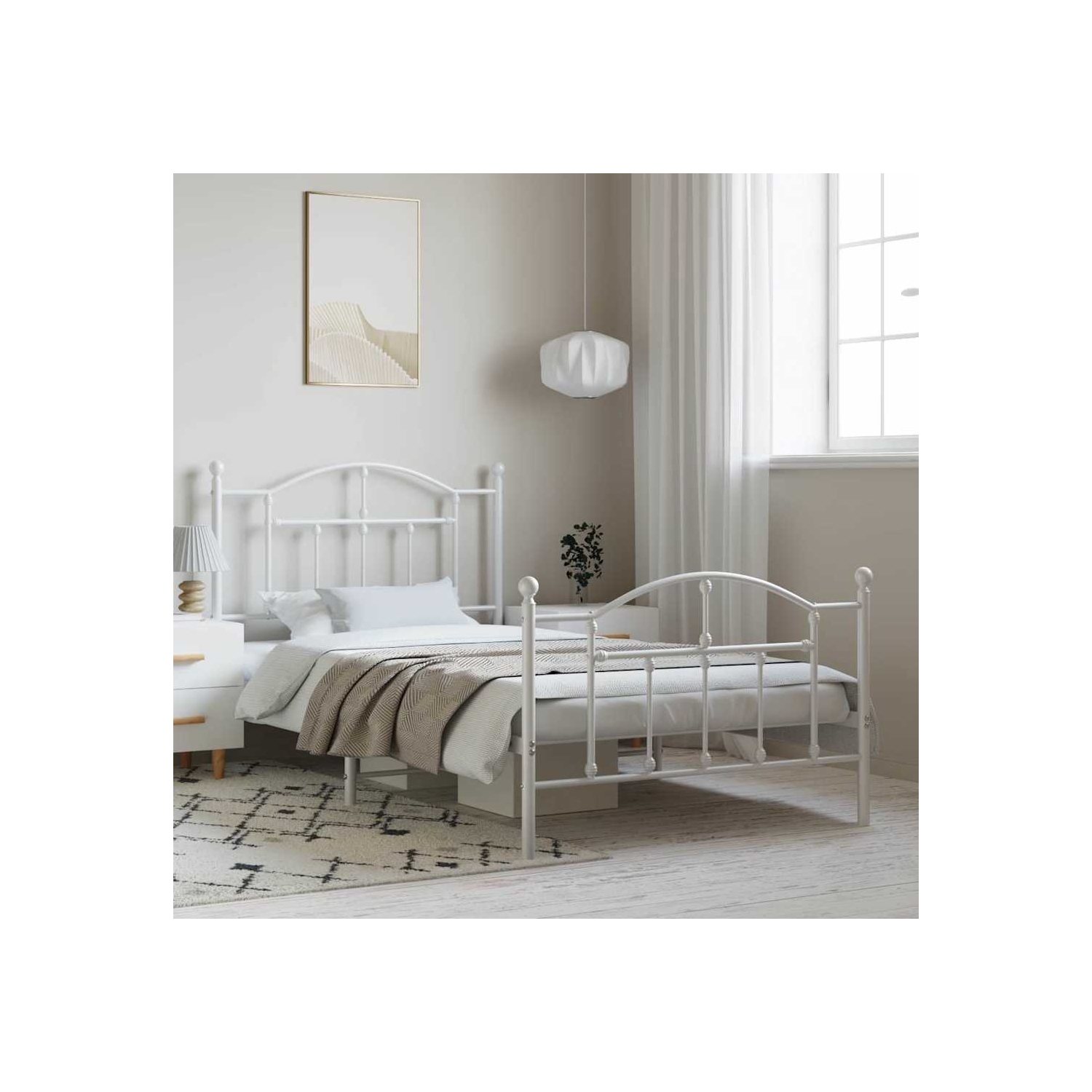 vidaXL White Twin Metal Bed Frame with Headboard & Slats, No Mattress, Easy Assembly