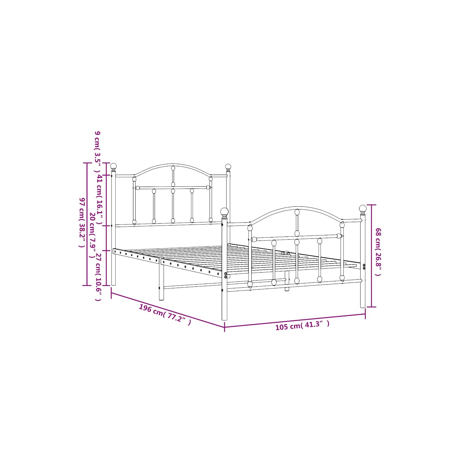 vidaXL White Twin Metal Bed Frame with Headboard & Slats, No Mattress, Easy Assembly