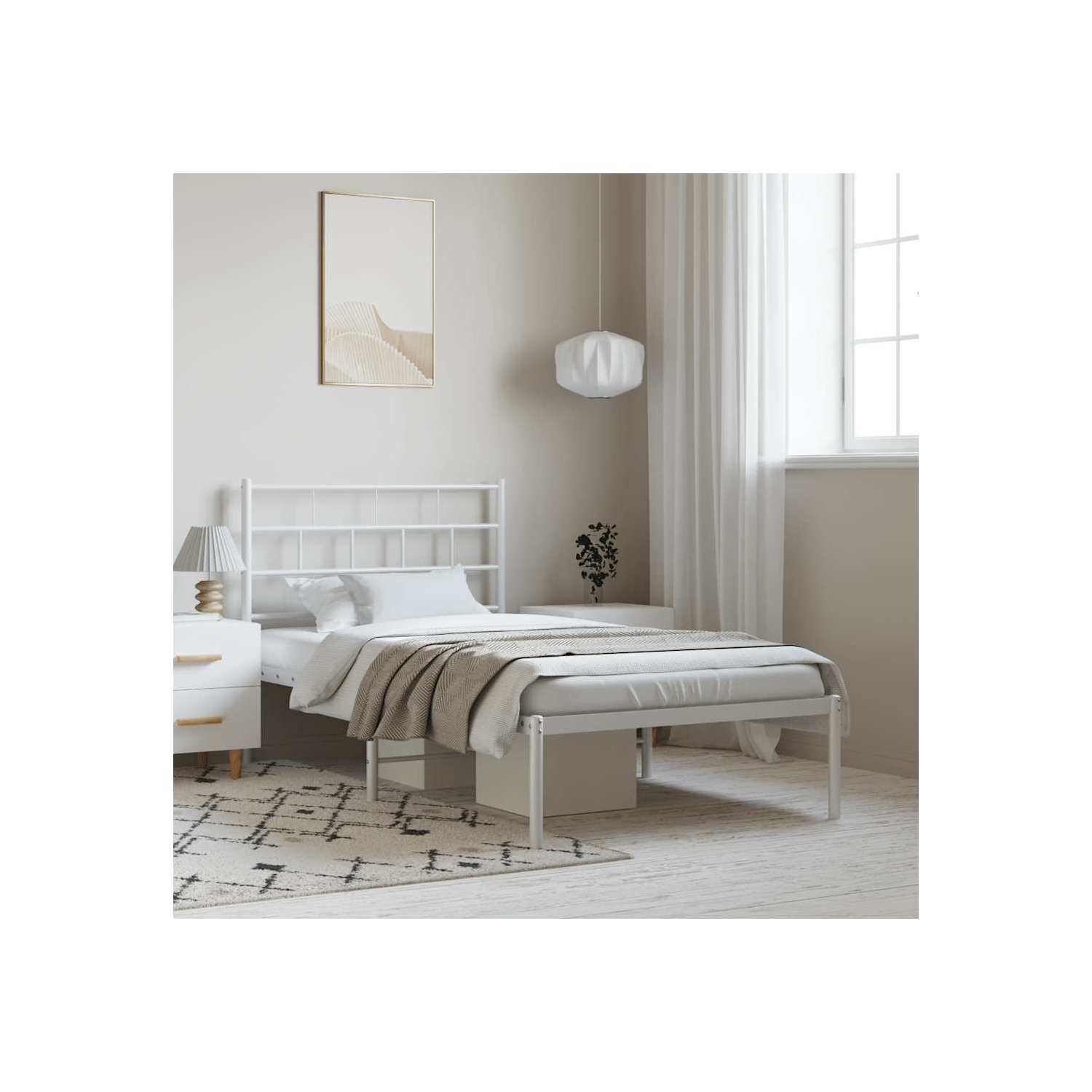 vidaXL White Metal Twin XL Bed Frame with Headboard, Heavy-Duty, Under-Bed Storage, No Mattress
