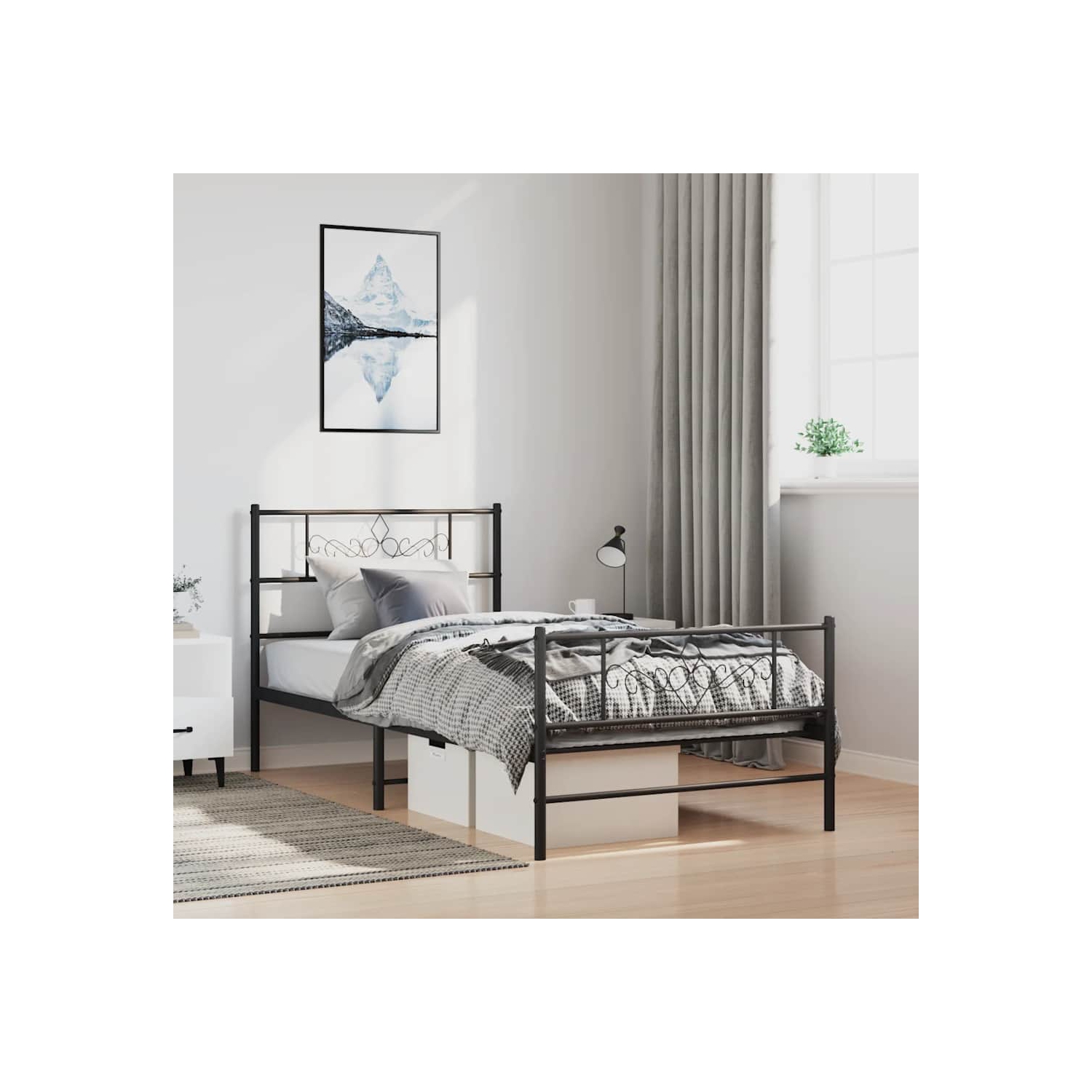 Très grand lit simple noir de 12 po vidaXL avec tête et pied de lit, sans matelas