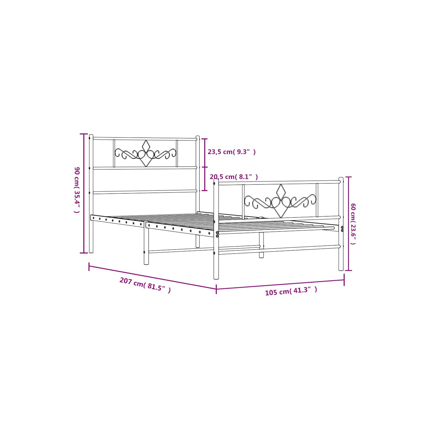 Très grand lit simple noir de 12 po vidaXL avec tête et pied de lit, sans matelas