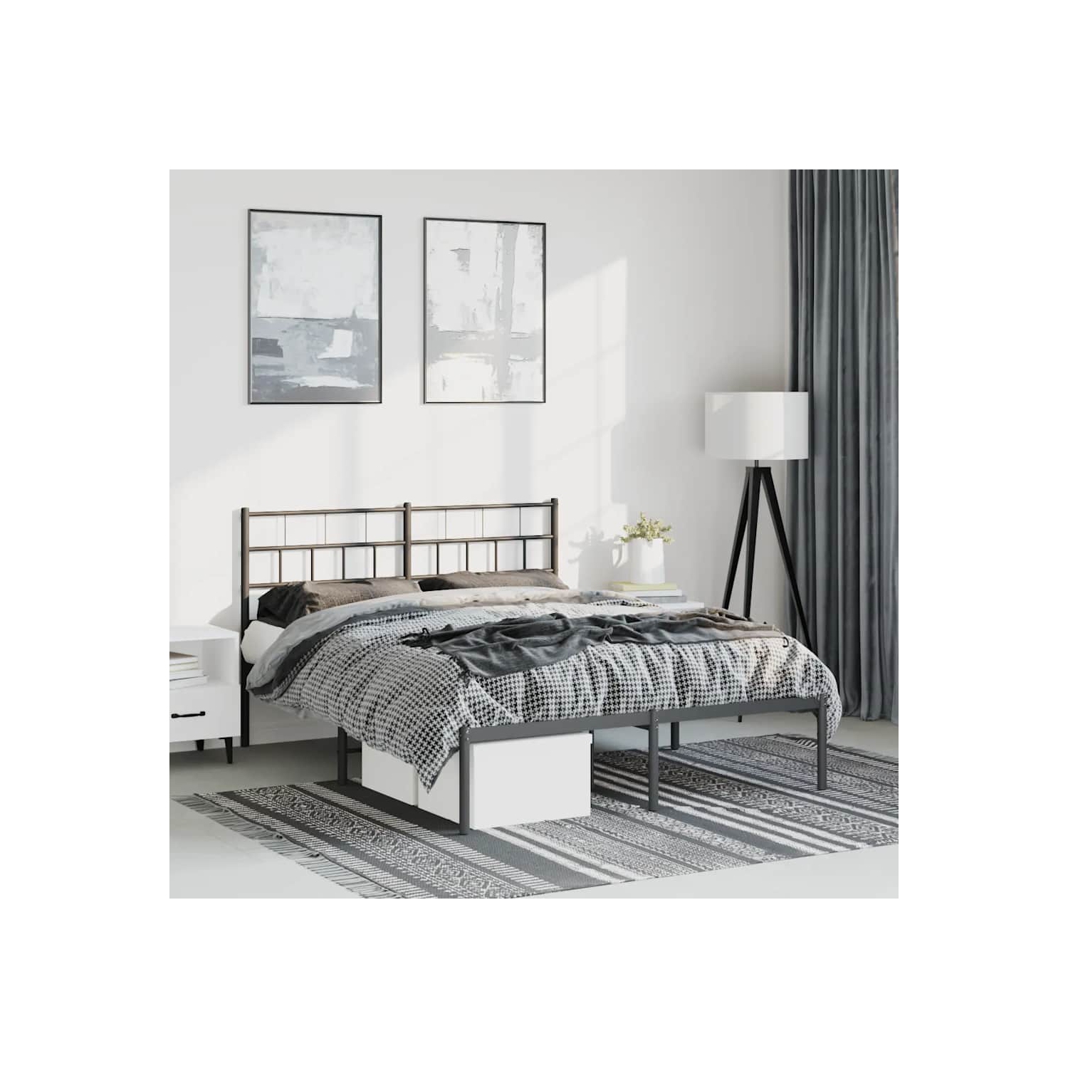 Cadre de lit double en métal noir vidaXL avec tête de lit, robuste, rangement sous le lit, sans matelas