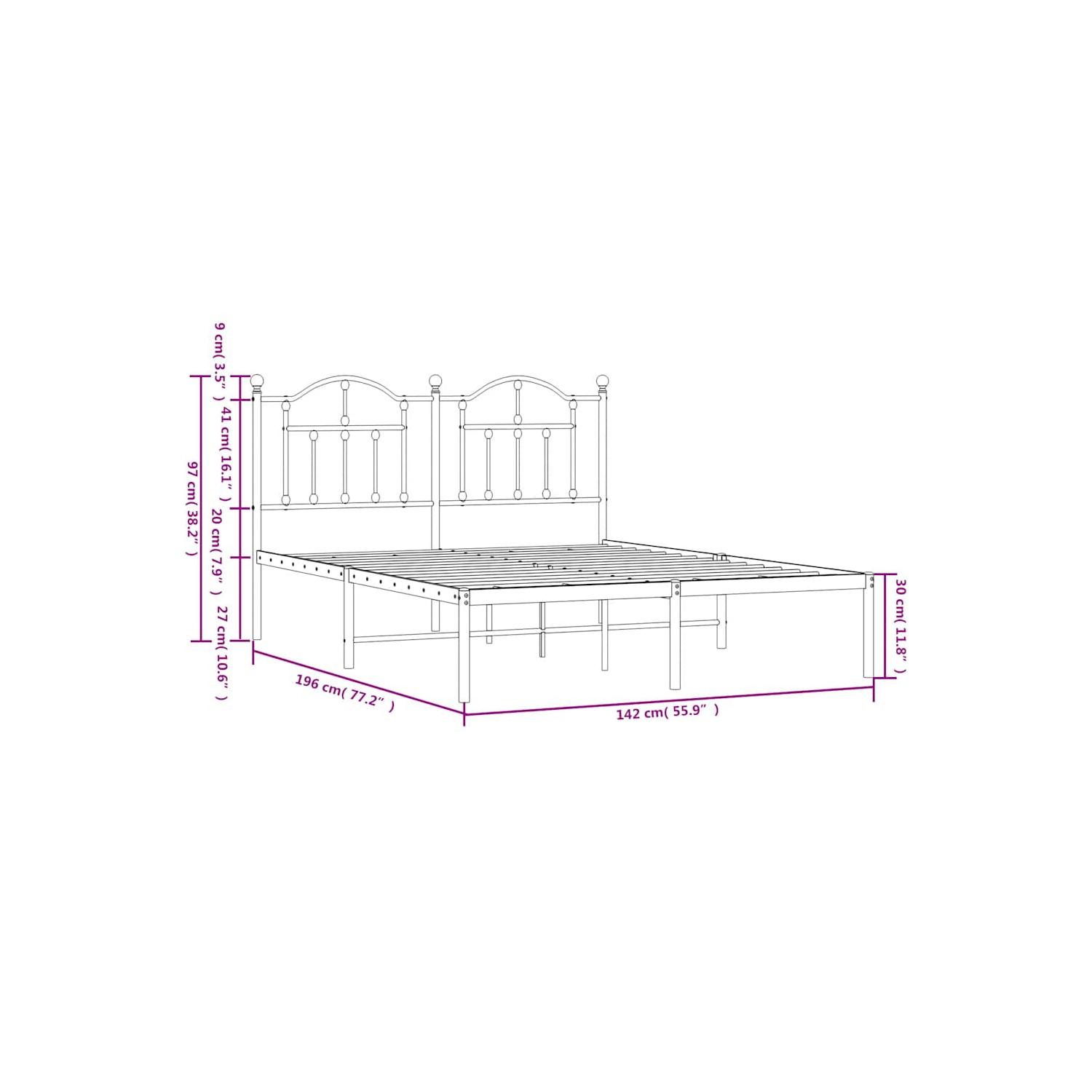 vidaXL White Full Metal Bed Frame with Headboard & Slats, No Mattress, Easy Assembly
