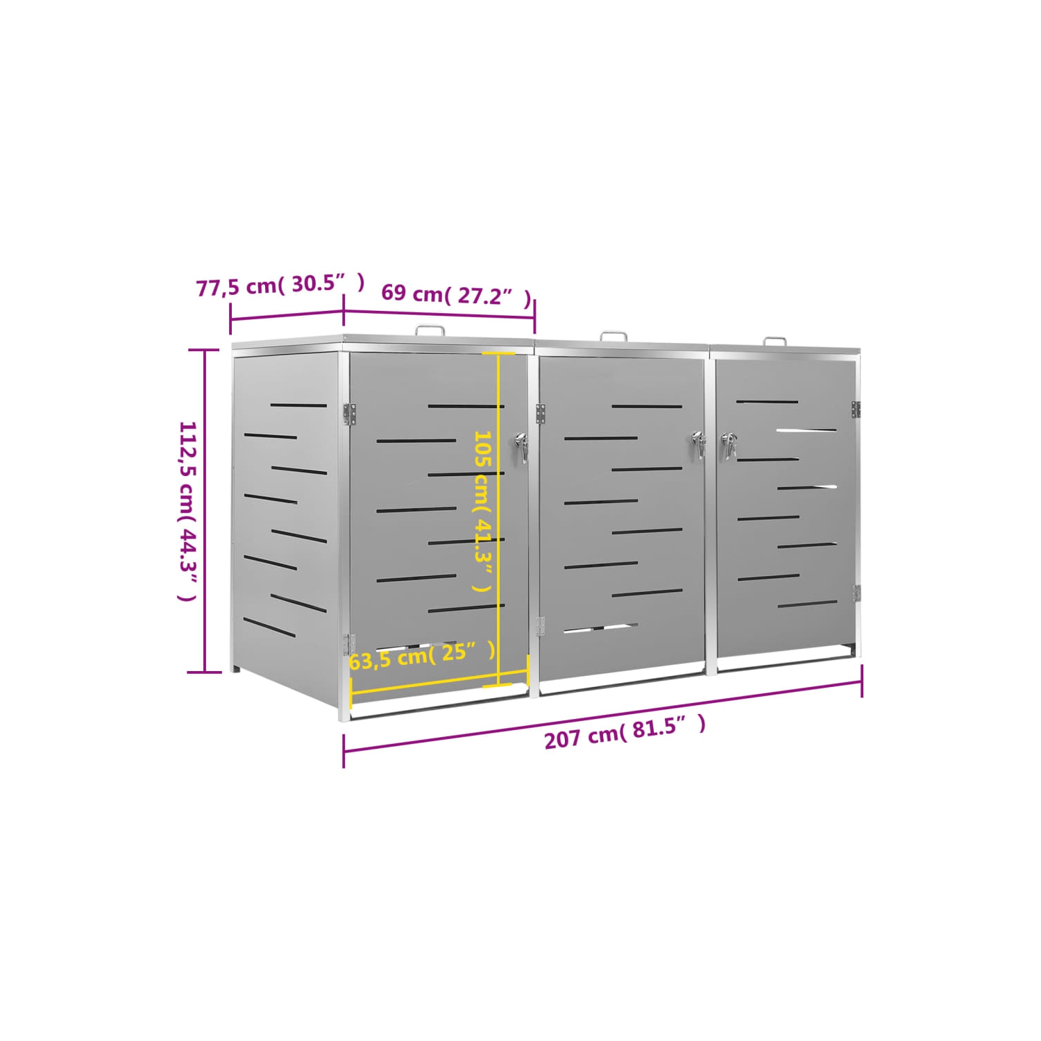 VidaXL triple cabrage 207 x 77,5 x 5 x 112,5 cm acier inoxydable