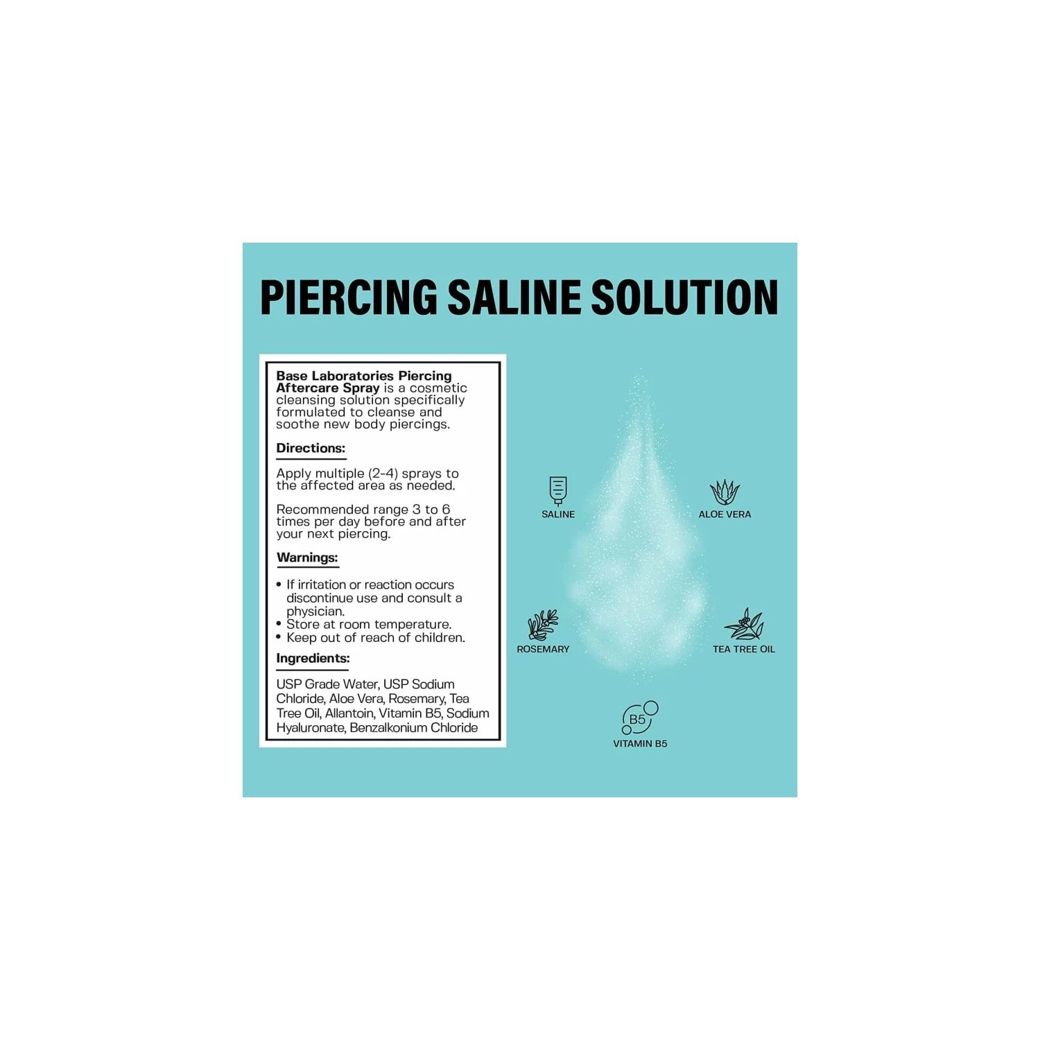 Base Labs Piercing Aftercare Spray 4oz - Cleanses, Sterilizes & Soothes - Saline Solution