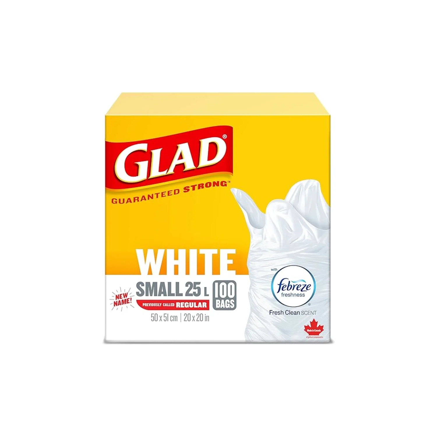 Sacs à ordures blancs Glad - petit 25 litres - parfum frais Febreze - 100 sacs poubelles - fabriqués au Canada de composants mondiaux