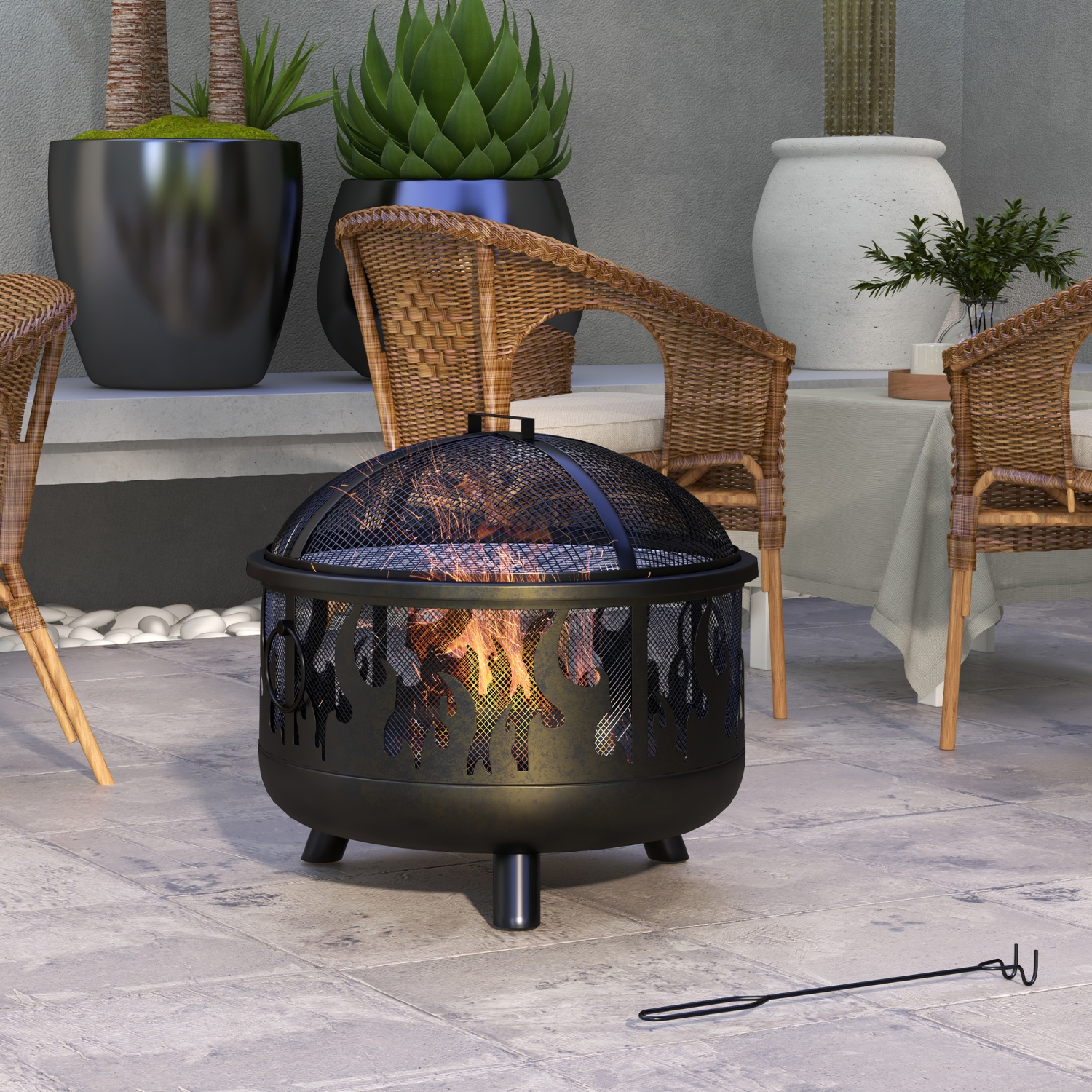 Outsunny 24" Round Outdoor Fire Pit, 2-In-1 Firepit Bowl with Lid, Grill, Poker, Handles for Garden, Camping, BBQ, Bonfire, Wood Burning Stove, Black