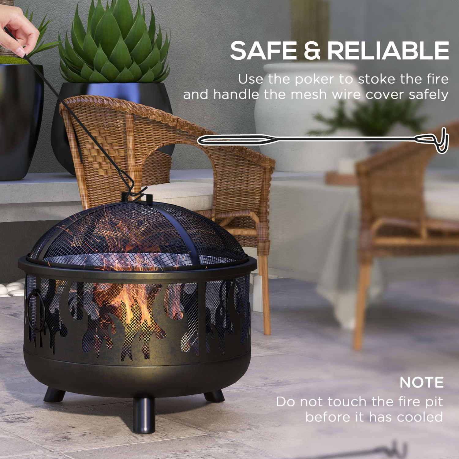 Outsunny 24" Round Outdoor Fire Pit, 2-In-1 Firepit Bowl with Lid, Grill, Poker, Handles for Garden, Camping, BBQ, Bonfire, Wood Burning Stove, Black