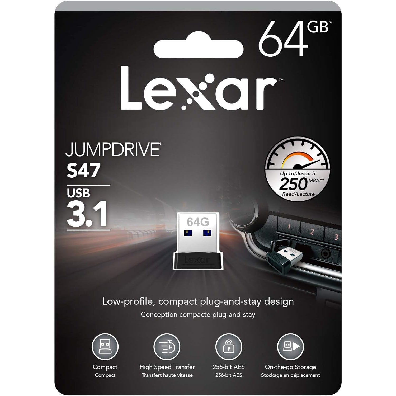 Lexar - JumpDrive S47 Extra-Thin USB 3.1 Flash Drive, Up to 250 MB/s Reading, 64GB Capacity