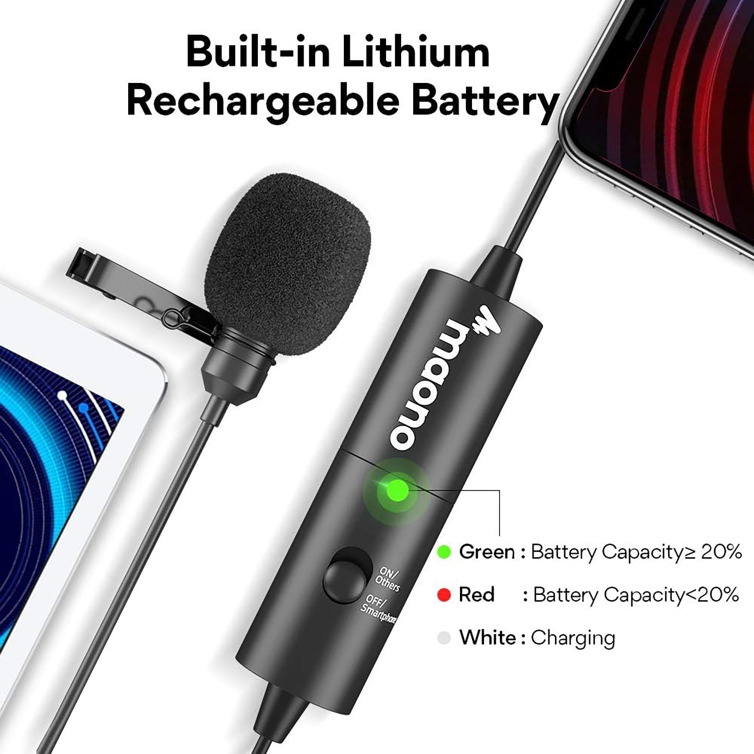 Maono - Rechargeable Omnidirectional Lavalier Microphone, 90 Hour Battery Life, Black