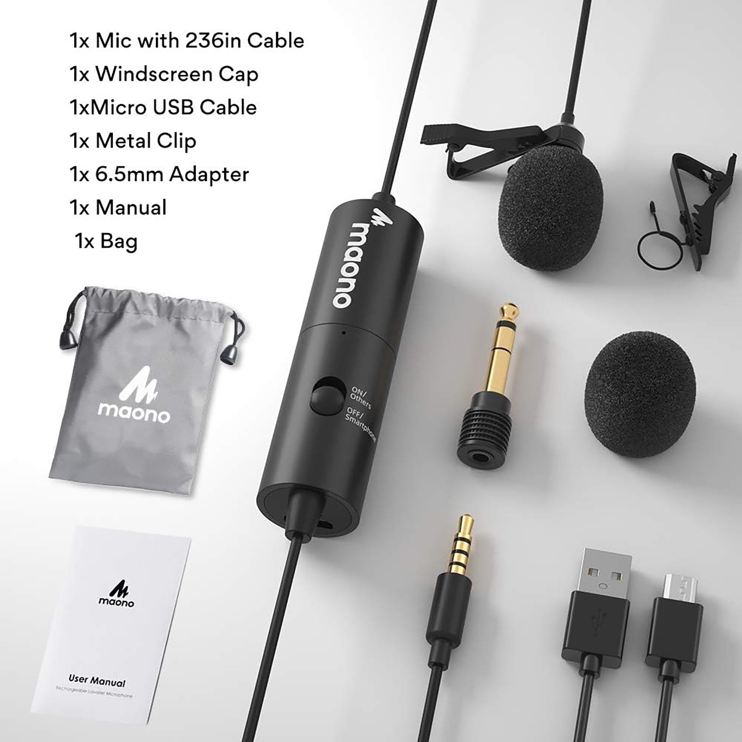 Maono - Rechargeable Omnidirectional Lavalier Microphone, 90 Hour Battery Life, Black