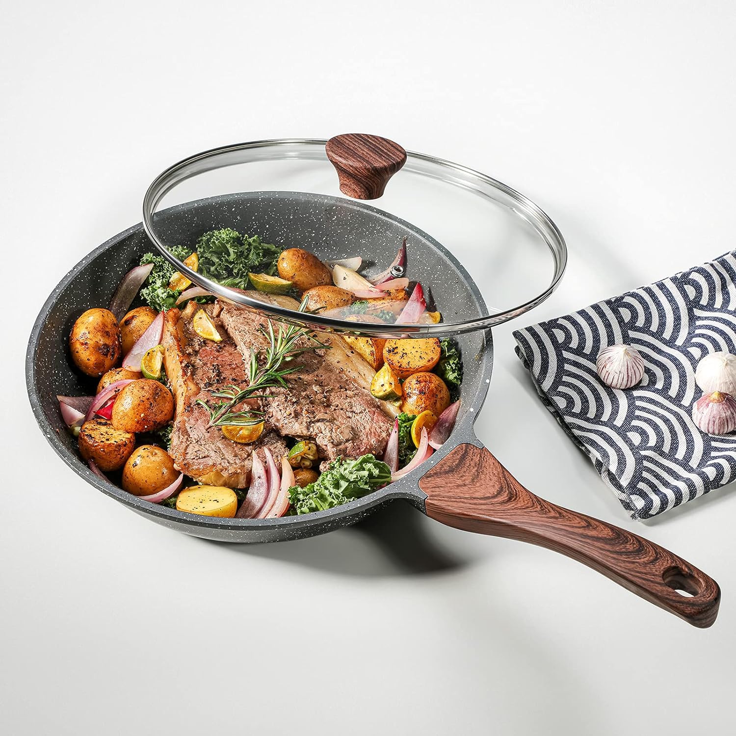 Sensarte Nonstick Frying Pan Skillet with Lid, Swiss Granite Coating Omelette Pan with Cover, Healthy Cookware Chef's Pan with Top, PFOA Free