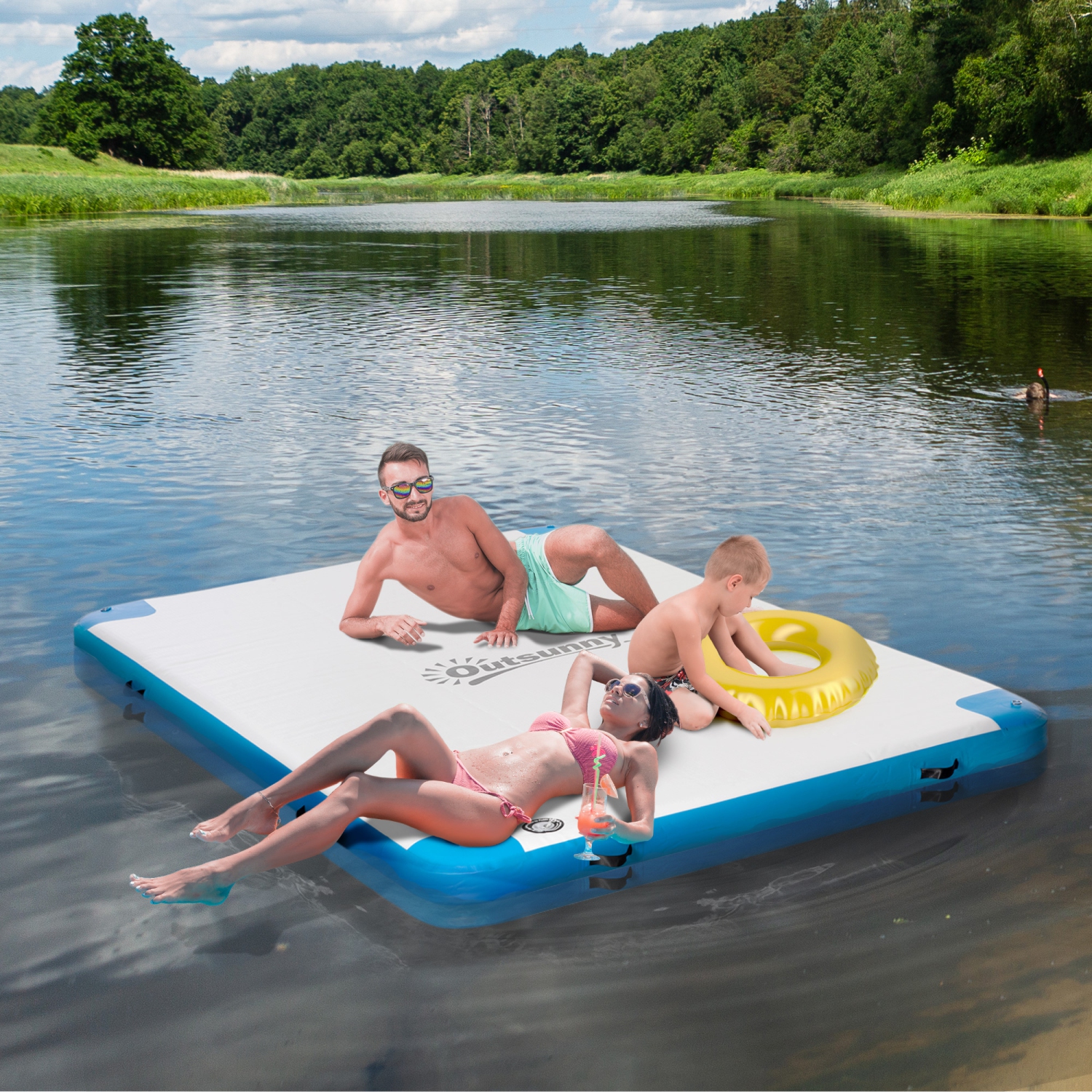 Quai flottant gonflable de 8 x 6 pi Outsunny, plateforme Rafting, grand tapis avec pompe à air et sac à dos, pour piscine, plage, océan, bleu