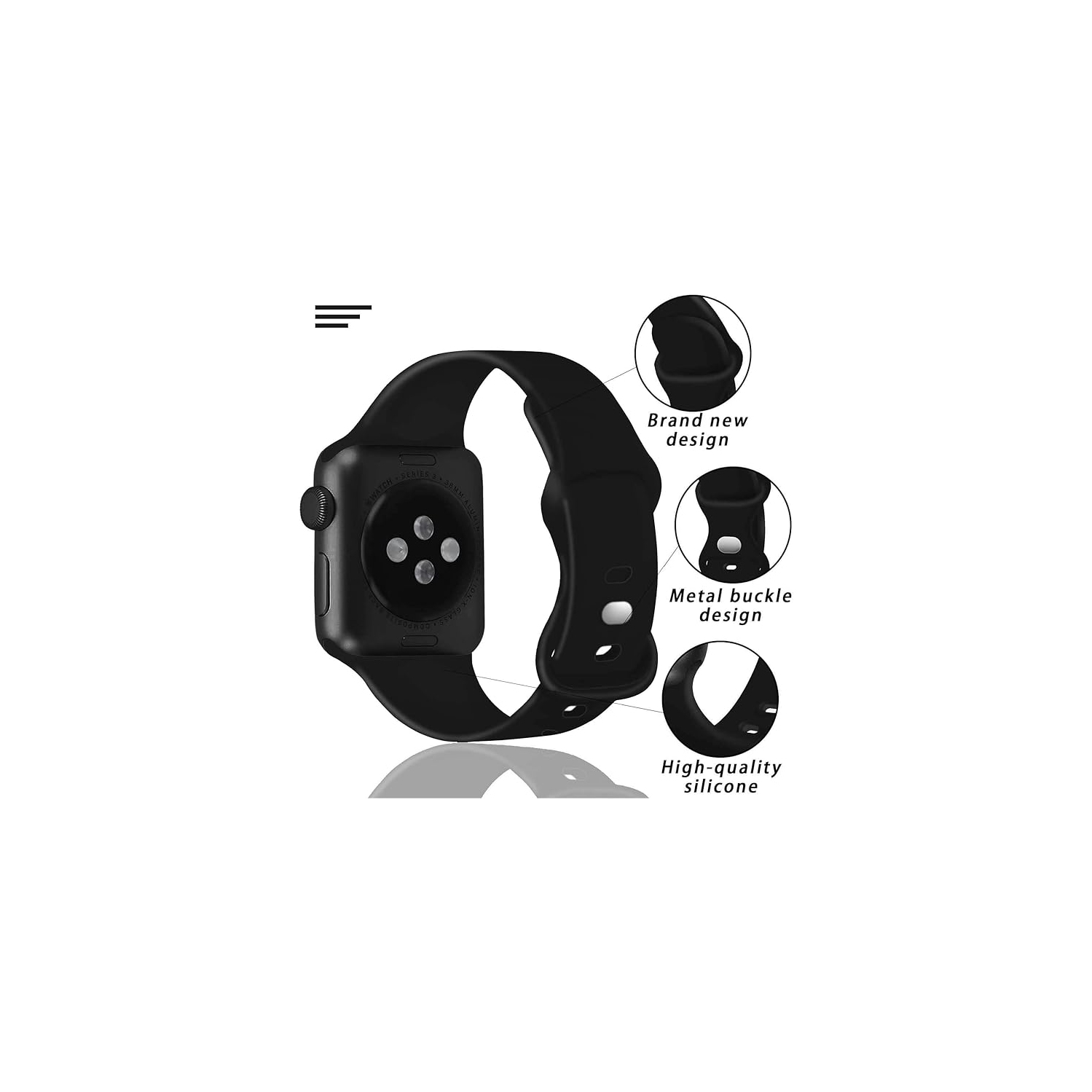 Soft Silicone Replacement Band Strap for Apple Watch iWatch Series 1 to 7 SE, 38mm 40mm 41mm - Black