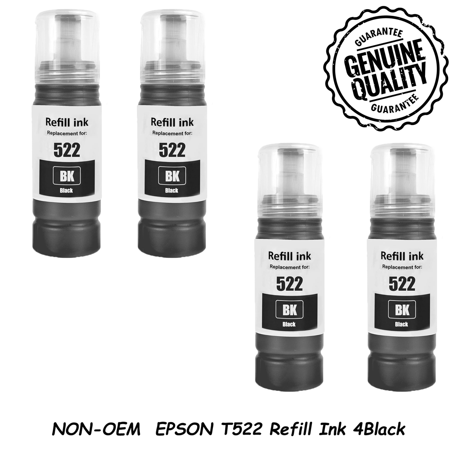 4 Black Compatible Refill Ink Bottles Replacement for Epson 522 T522 EcoTank ET-2400 ET-2710 ET-2719 ET-2720 ET-2800 ET-2803 ET-2830 ET-2840 ET-4700 ET-4800