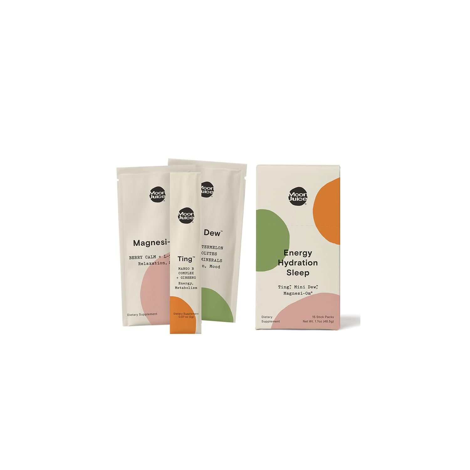 Moon Juice Magnesi-Om, Ting & Mini Dew Stick Set Single Servings of Relaxation, Energy & Hydration | Berry, Mango & Watermelon Flavor | 15 Servings