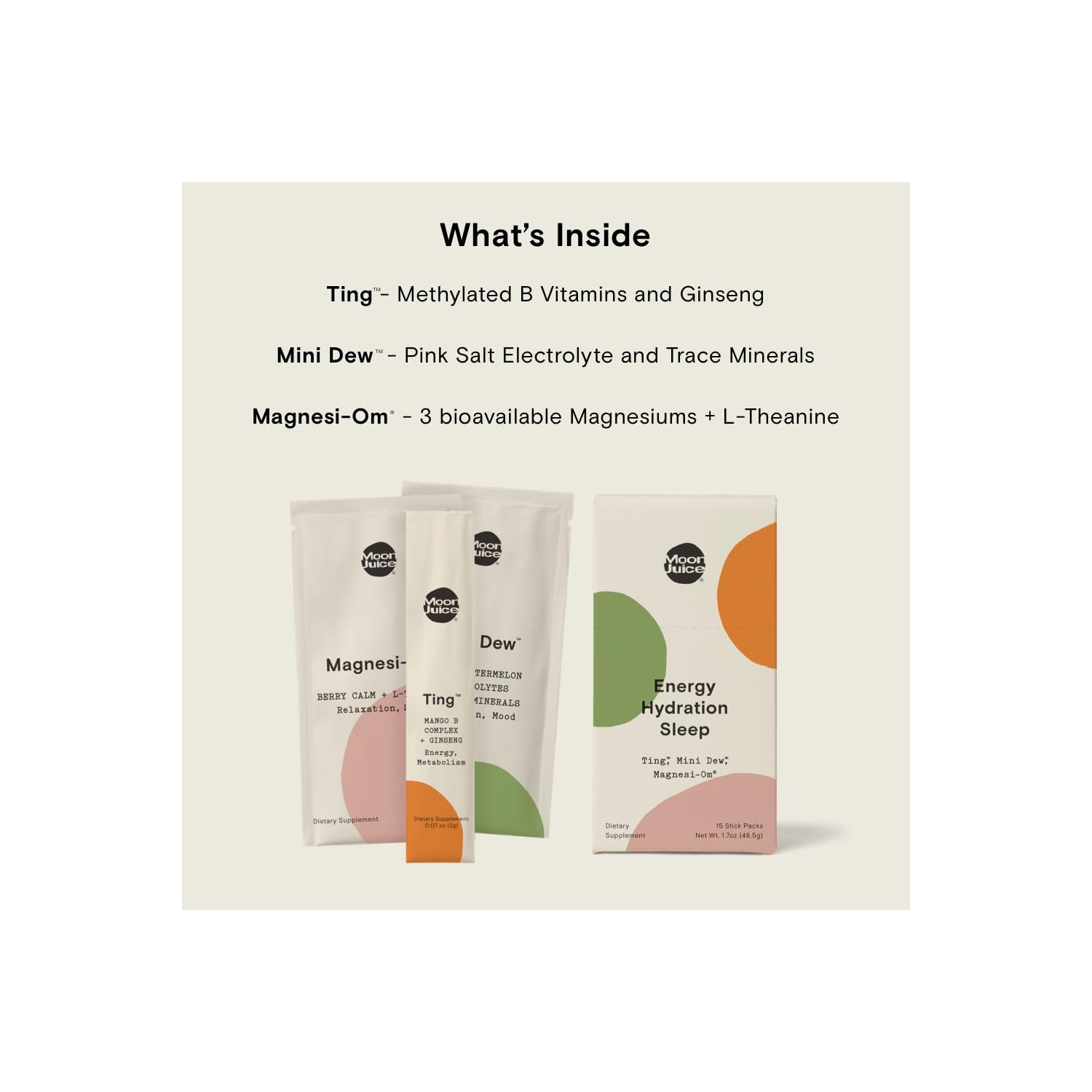 Moon Juice Magnesi-Om, Ting & Mini Dew Stick Set Single Servings of Relaxation, Energy & Hydration | Berry, Mango & Watermelon Flavor | 15 Servings