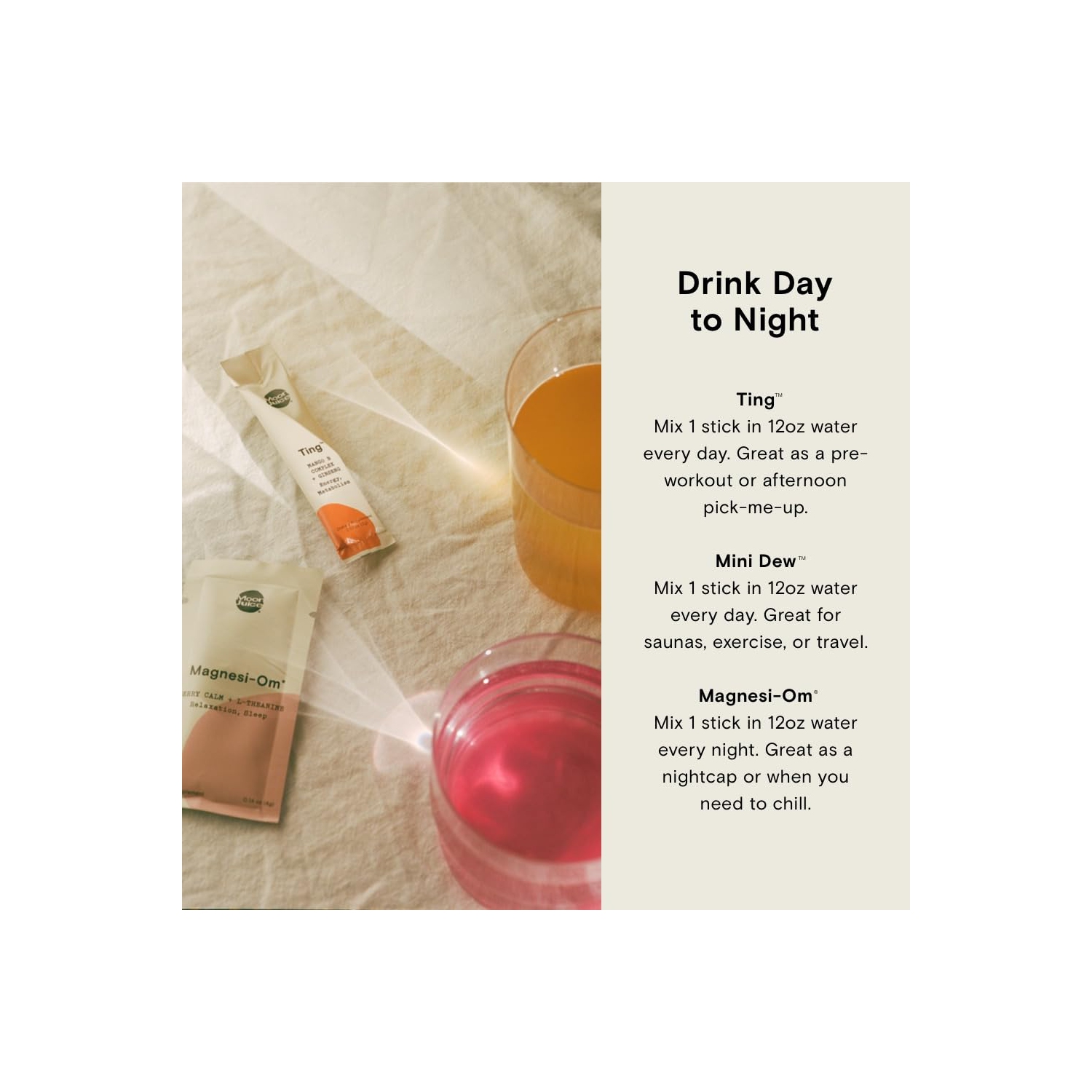Moon Juice Magnesi-Om, Ting & Mini Dew Stick Set Single Servings of Relaxation, Energy & Hydration | Berry, Mango & Watermelon Flavor | 15 Servings